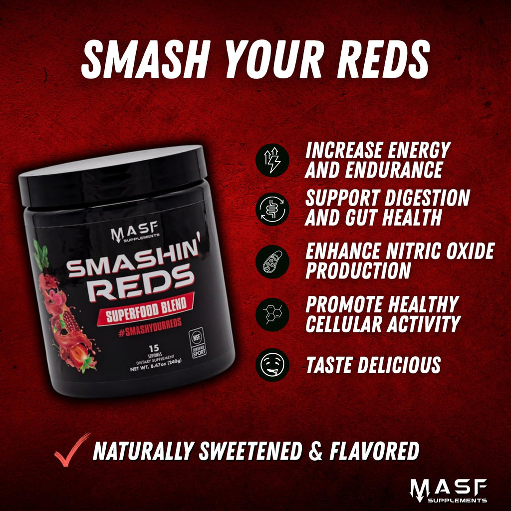 MASF Smashin' Reds Organic Superfood Supplements - 15 Servings - NSF Sport, Super Reds for Digestive Health, Energy, Endurance, Beet Root, Maca, Turmeric, Ginger, Acai, Nitric Oxide Production - TrustMedUSA