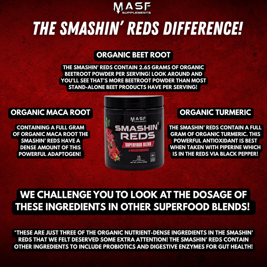 MASF Smashin' Reds Organic Superfood Supplements - 15 Servings - NSF Sport, Super Reds for Digestive Health, Energy, Endurance, Beet Root, Maca, Turmeric, Ginger, Acai, Nitric Oxide Production - TrustMedUSA