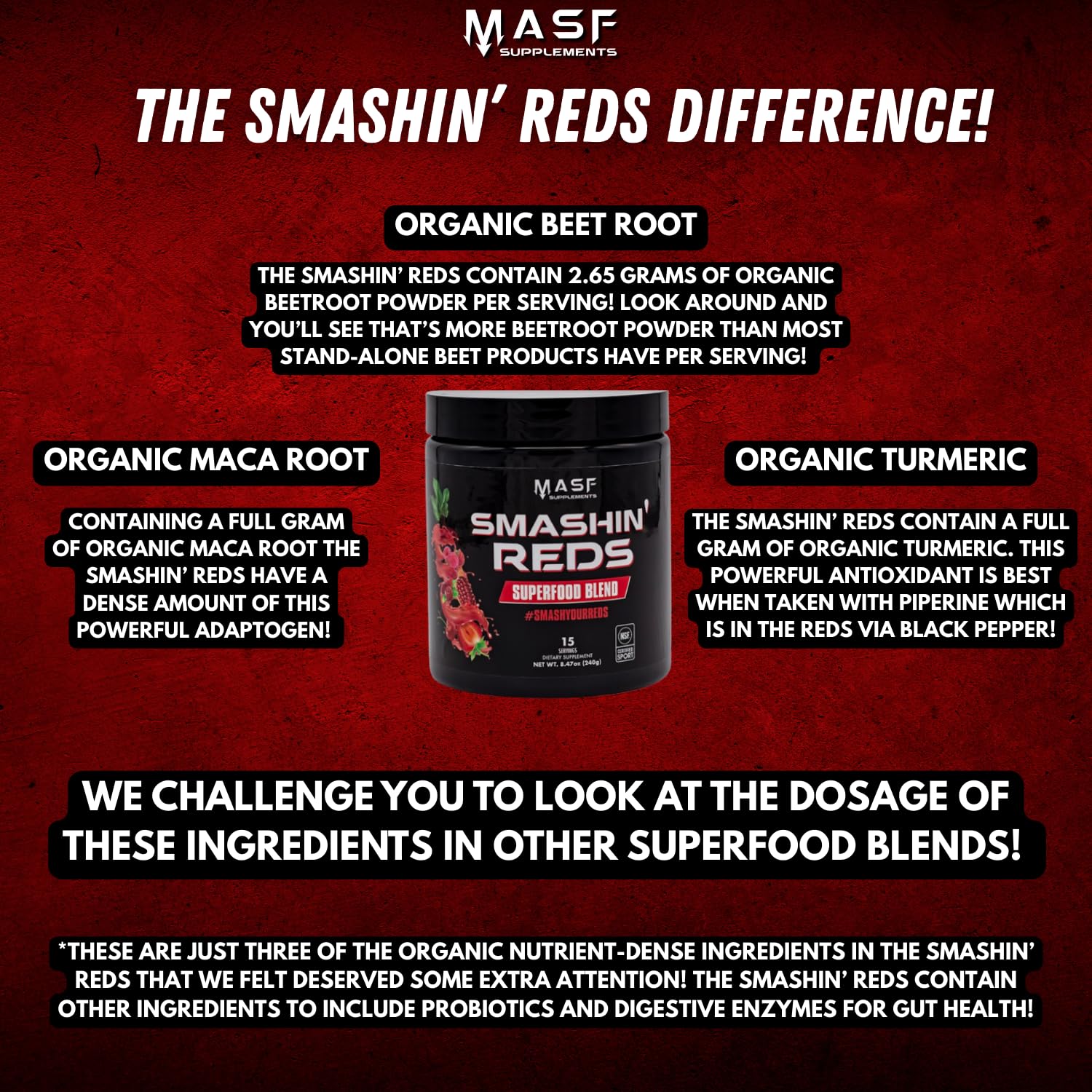 MASF Smashin' Reds Organic Superfood Supplements - 15 Servings - NSF Sport, Super Reds for Digestive Health, Energy, Endurance, Beet Root, Maca, Turmeric, Ginger, Acai, Nitric Oxide Production - TrustMedUSA