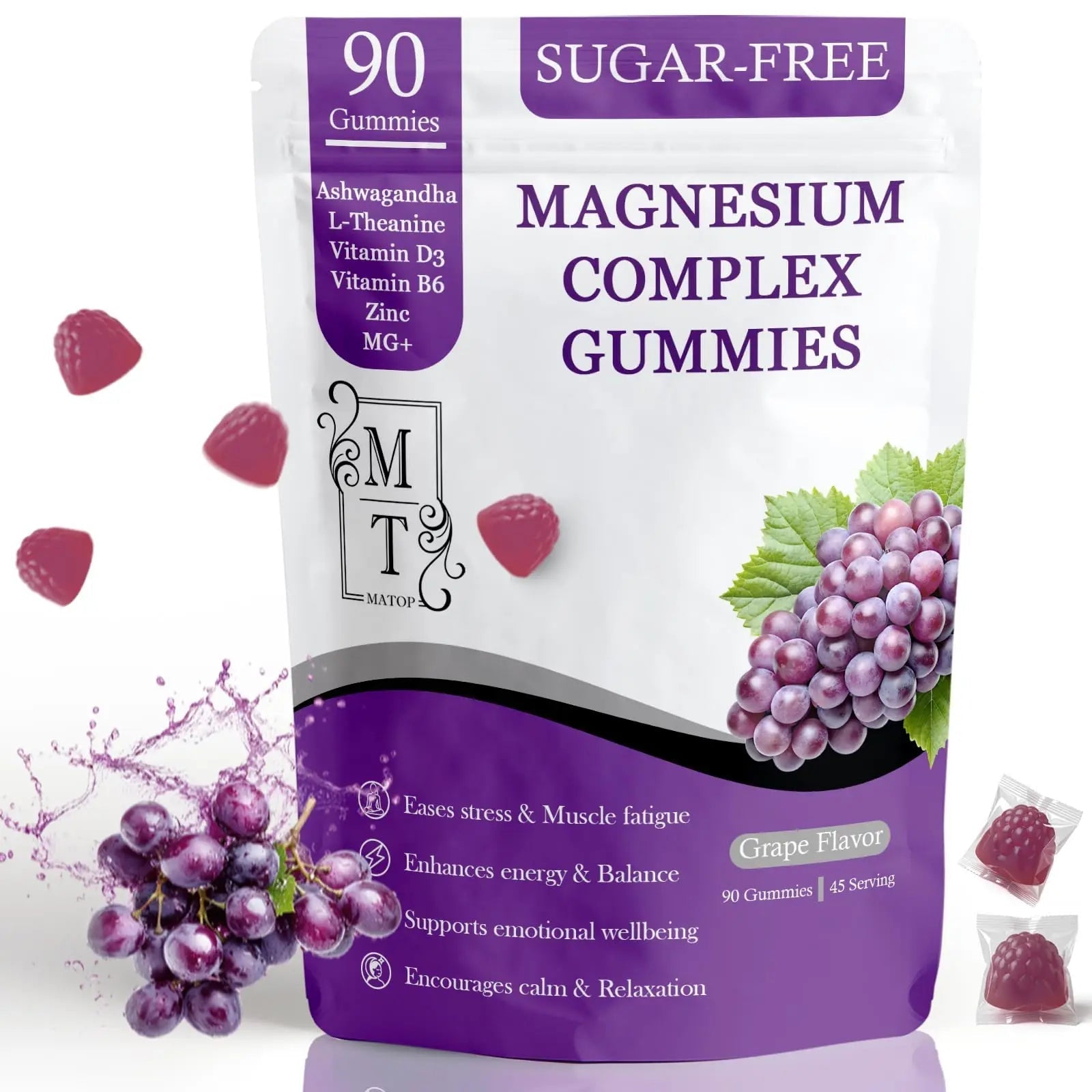 MATOP Magnesium Complex for Women Gummies - 8 in 1 Triple Magnesium Complex (Glycinate, Malate, Citrate) with L-Theanine, Ashwagandha, Vitamin D3, B6 & Zinc - Stress, Calm & Focus - 90 Vegan Gummies - TrustMedUSA