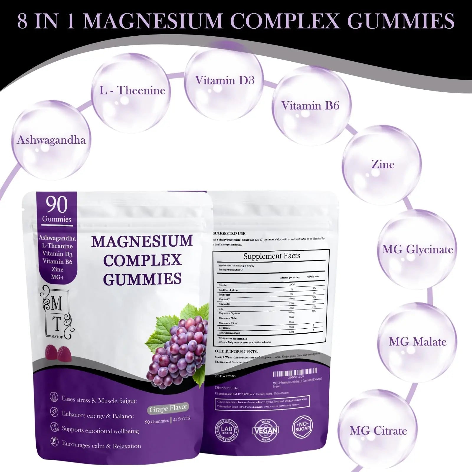 MATOP Magnesium Complex for Women Gummies - 8 in 1 Triple Magnesium Complex (Glycinate, Malate, Citrate) with L-Theanine, Ashwagandha, Vitamin D3, B6 & Zinc - Stress, Calm & Focus - 90 Vegan Gummies - TrustMedUSA