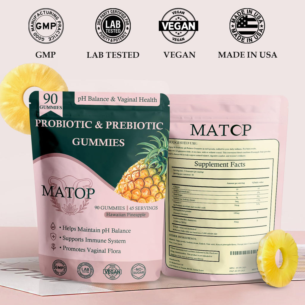 MATOP Probiotic Prebiotic pH Balance Gummies - Vaginal Health Gummies for Women Pro + Prebiotic with Pineapple Flavor, Vegan, Sugar-Free – 90 Gummies (45 Servings) - TrustMedUSA
