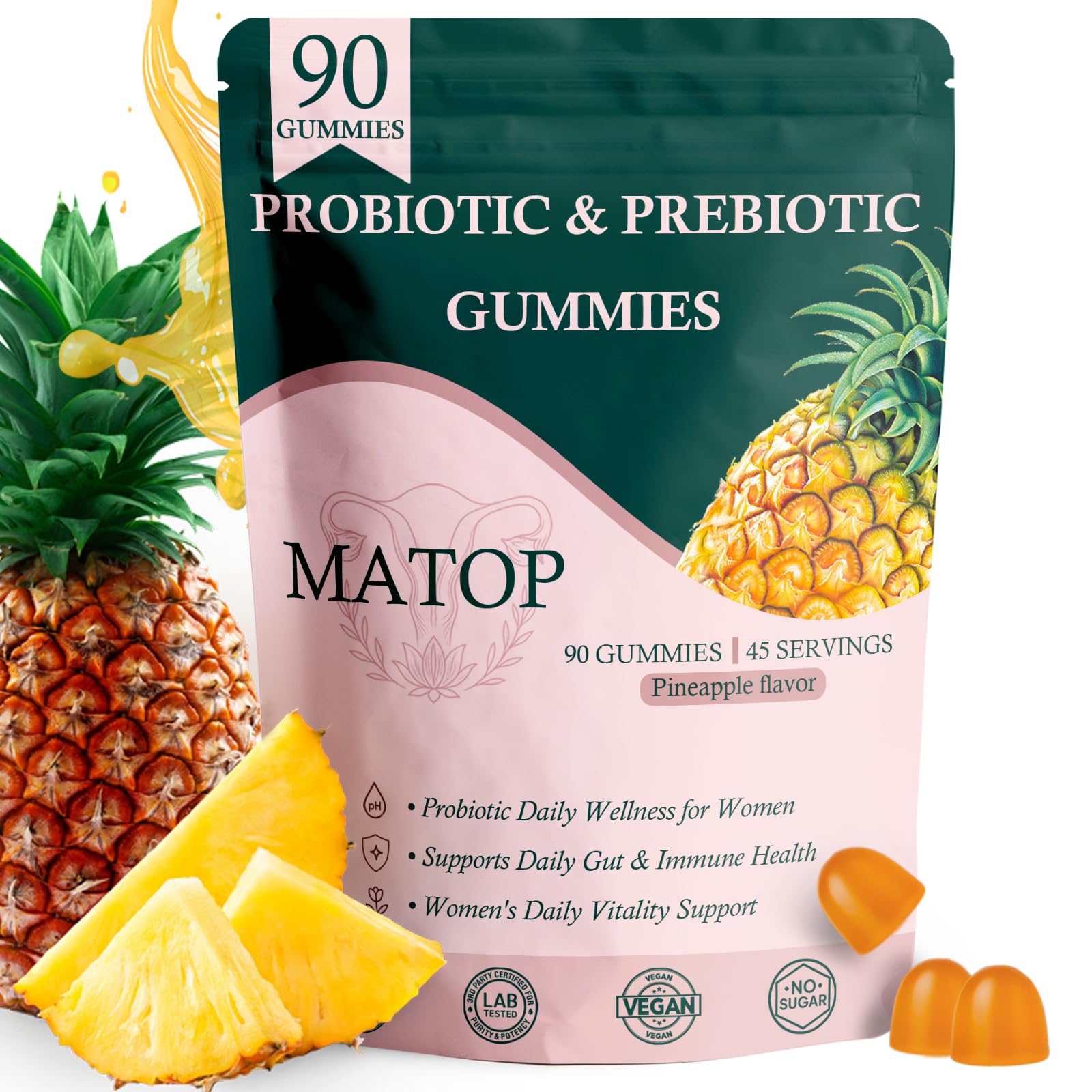 MATOP Probiotic Prebiotic pH Balance Gummies - Vaginal Health Gummies for Women Pro + Prebiotic with Pineapple Flavor, Vegan, Sugar-Free – 90 Gummies (45 Servings) - TrustMedUSA
