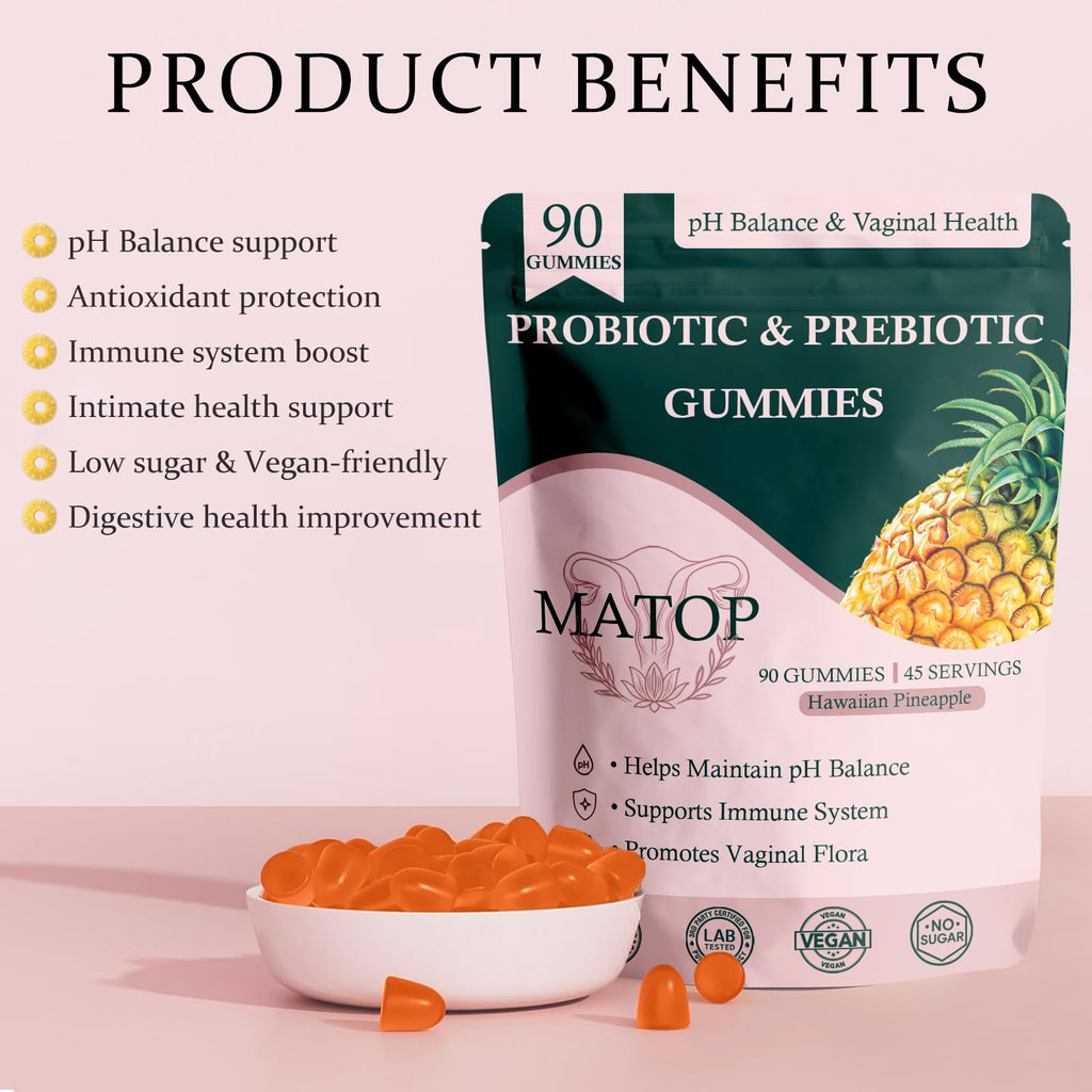 MATOP Probiotic Prebiotic pH Balance Gummies - Vaginal Health Gummies for Women Pro + Prebiotic with Pineapple Flavor, Vegan, Sugar-Free – 90 Gummies (45 Servings) - TrustMedUSA