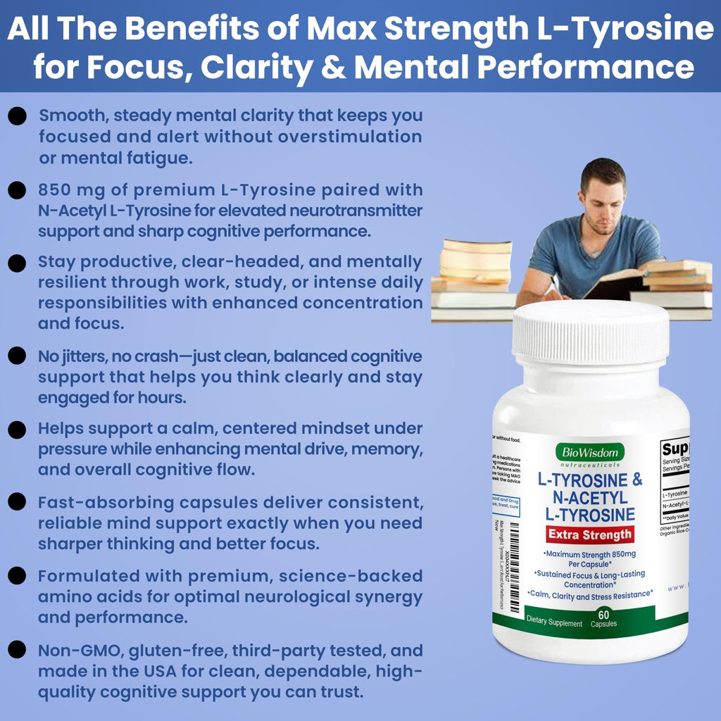 Max Strength L Tyrosine Supplement & N Acetyl L Tyrosine Peak Focus, Alertness, Concentration, Body & Mind Energy. L-Tyrosine 850mg Per 1 Capsule. A Well-Being Nutrient Boost For Performance - TrustMedUSA