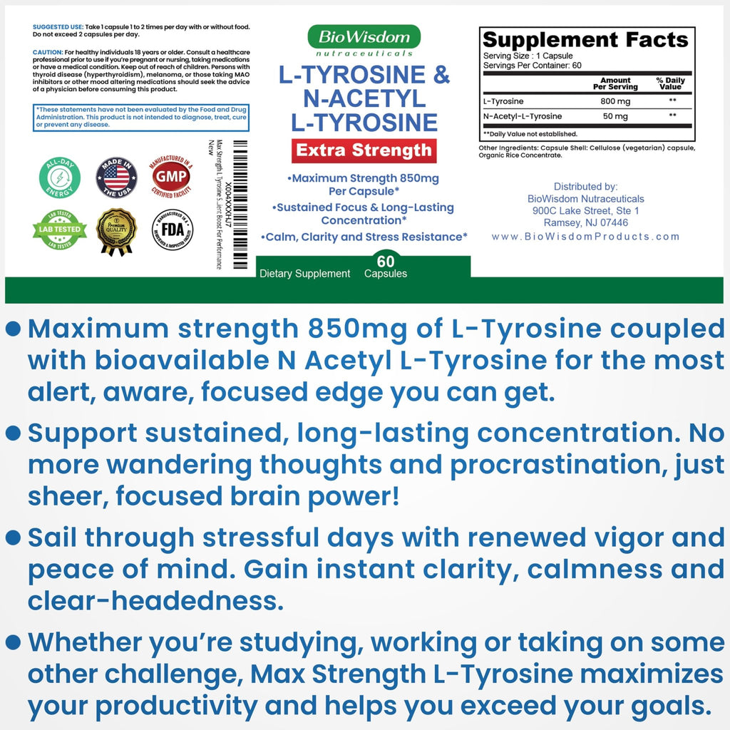 Max Strength L Tyrosine Supplement & N Acetyl L Tyrosine Peak Focus, Alertness, Concentration, Body & Mind Energy. L-Tyrosine 850mg Per 1 Capsule. A Well-Being Nutrient Boost For Performance - TrustMedUSA