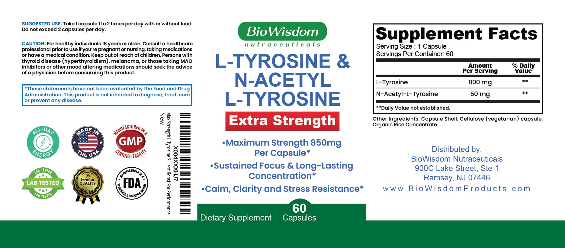 Max Strength L Tyrosine Supplement & N Acetyl L Tyrosine Peak Focus, Alertness, Concentration, Body & Mind Energy. L-Tyrosine 850mg Per 1 Capsule. A Well-Being Nutrient Boost For Performance - TrustMedUSA
