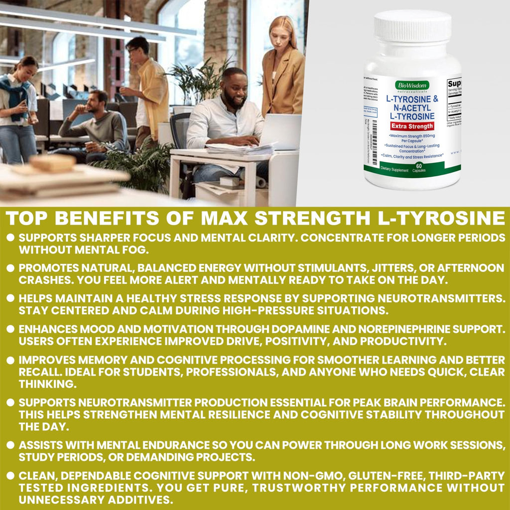 Max Strength L Tyrosine Supplement & N Acetyl L Tyrosine Peak Focus, Alertness, Concentration, Body & Mind Energy. L-Tyrosine 850mg Per 1 Capsule. A Well-Being Nutrient Boost For Performance - TrustMedUSA