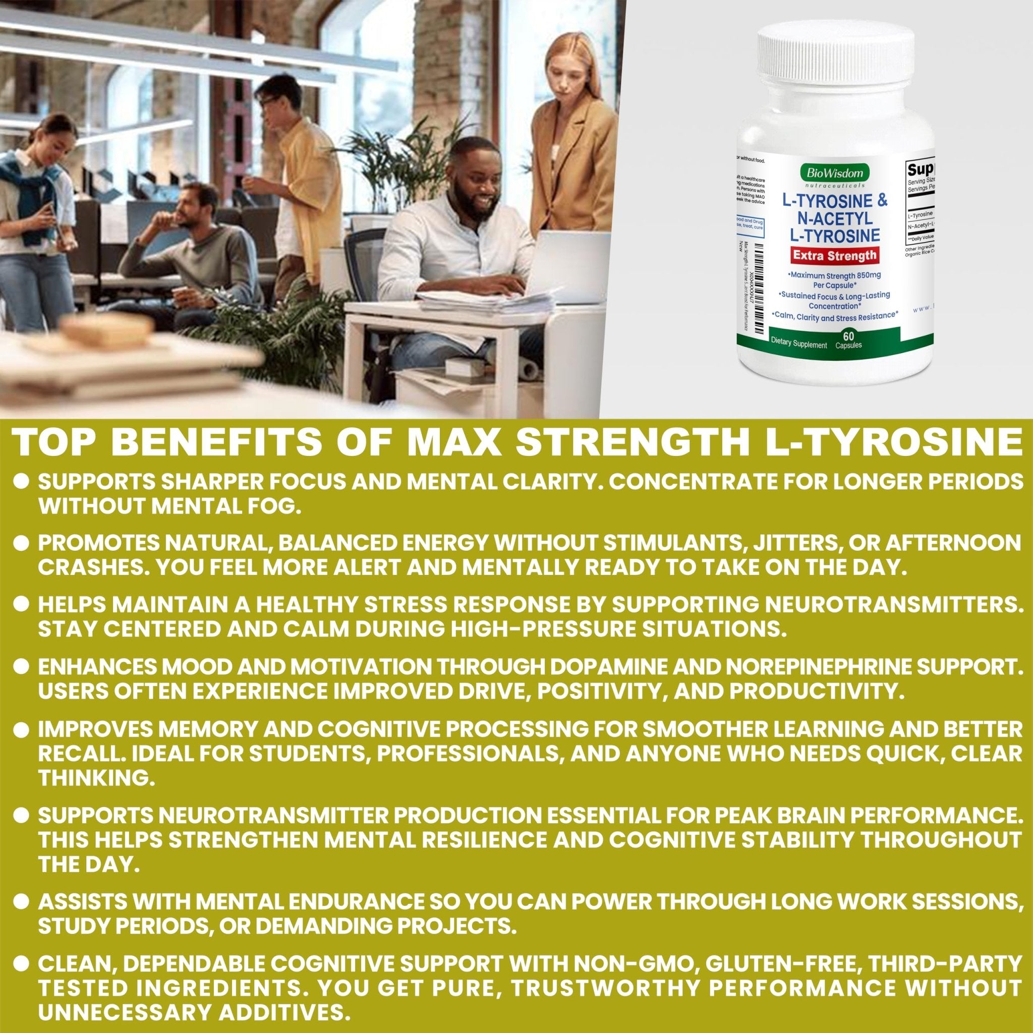 Max Strength L Tyrosine Supplement & N Acetyl L Tyrosine Peak Focus, Alertness, Concentration, Body & Mind Energy. L-Tyrosine 850mg Per 1 Capsule. A Well-Being Nutrient Boost For Performance - TrustMedUSA
