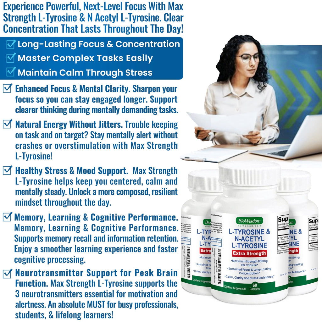 Max Strength L Tyrosine Supplement & N Acetyl L Tyrosine Peak Focus, Alertness, Concentration, Body & Mind Energy. L-Tyrosine 850mg Per 1 Capsule. A Well-Being Nutrient Boost For Performance - TrustMedUSA