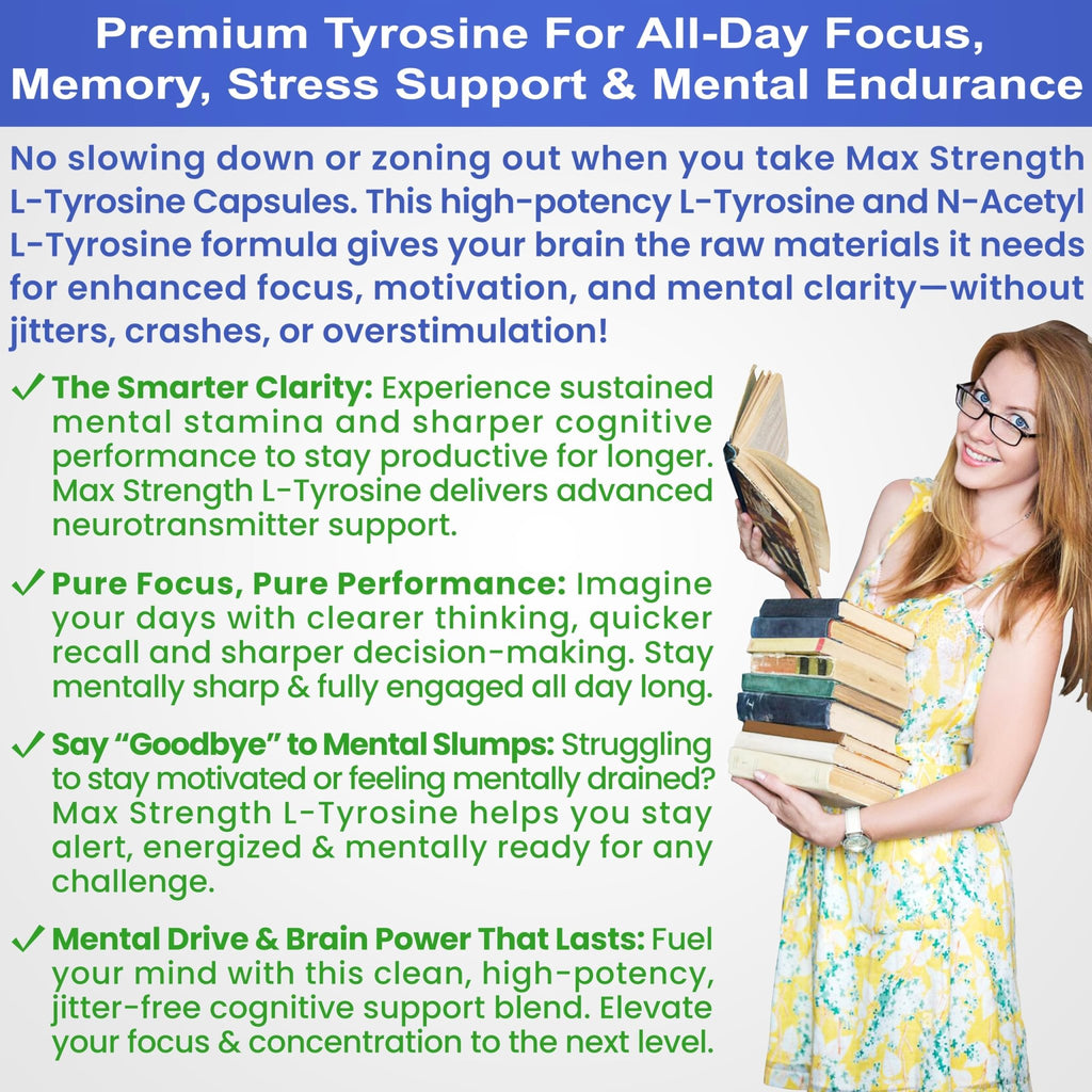 Max Strength L Tyrosine Supplement & N Acetyl L Tyrosine Peak Focus, Alertness, Concentration, Body & Mind Energy. L-Tyrosine 850mg Per 1 Capsule. A Well-Being Nutrient Boost For Performance - TrustMedUSA