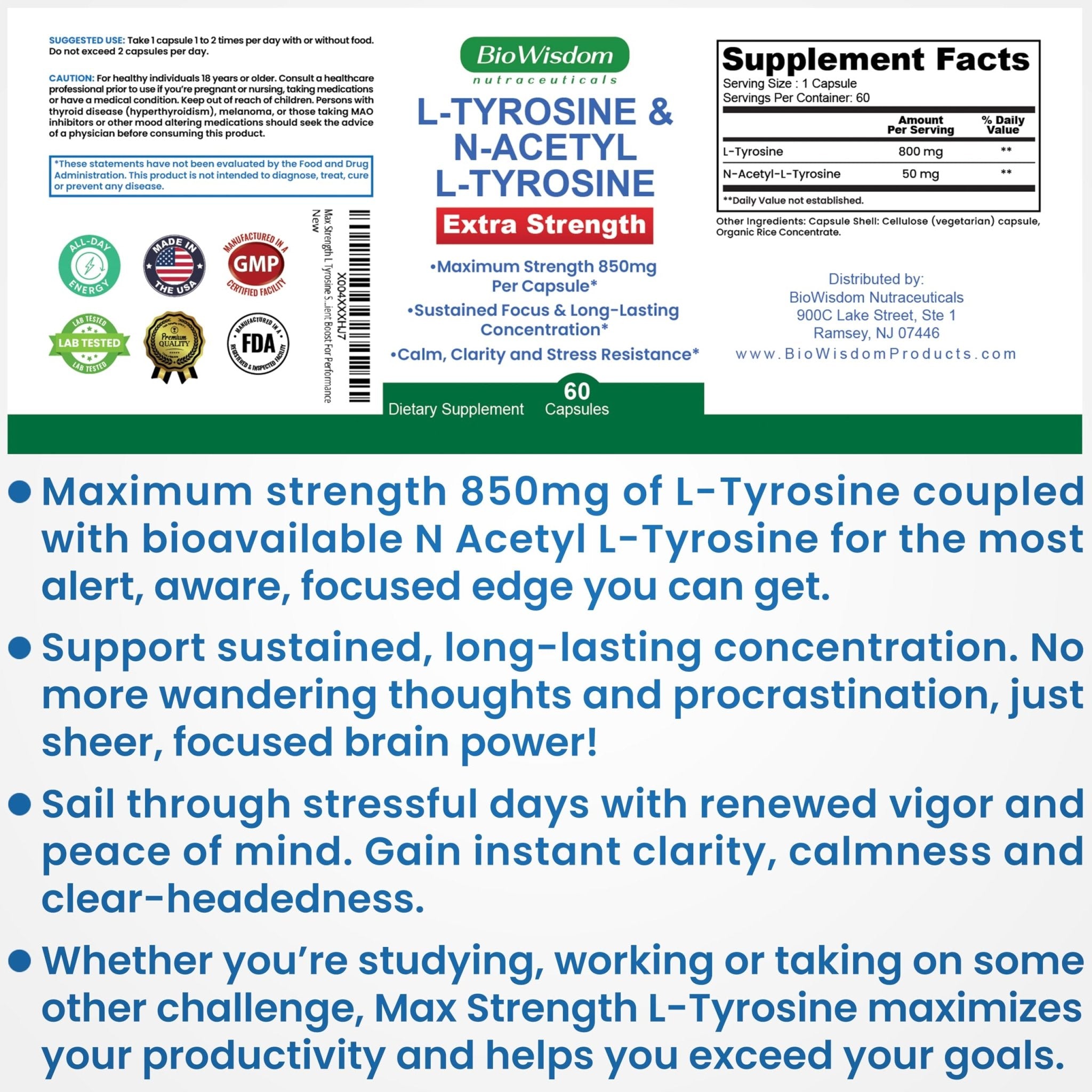 Max Strength L Tyrosine Supplement & N Acetyl L Tyrosine Peak Focus, Alertness, Concentration, Body & Mind Energy. L-Tyrosine 850mg Per 1 Capsule. A Well-Being Nutrient Boost For Performance - TrustMedUSA
