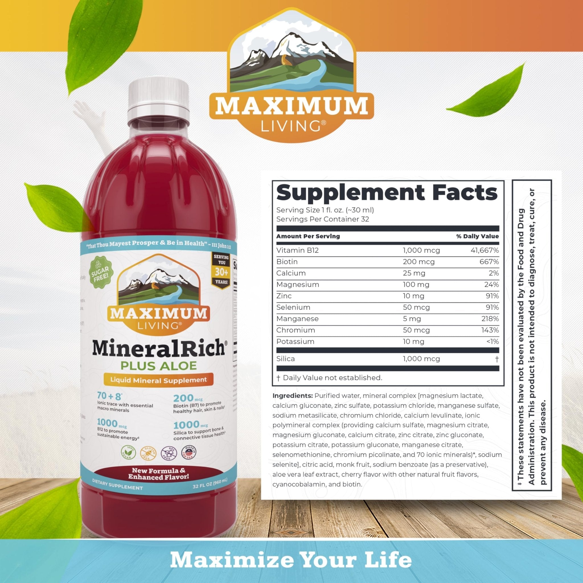 Maximum Living MineralRich Minerals Supplement with Aloe - Liquid Blend of Vitamins and Trace Minerals - 32 oz - TrustMedUSA