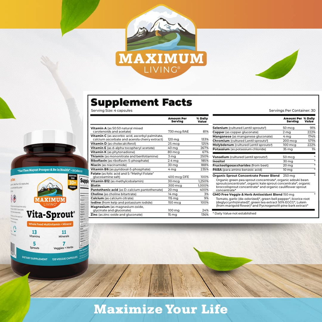Maximum Living - Vita-Sprout Whole-Food Multivitamin & Phytonutrient Blend - 120 Capsules - TrustMedUSA