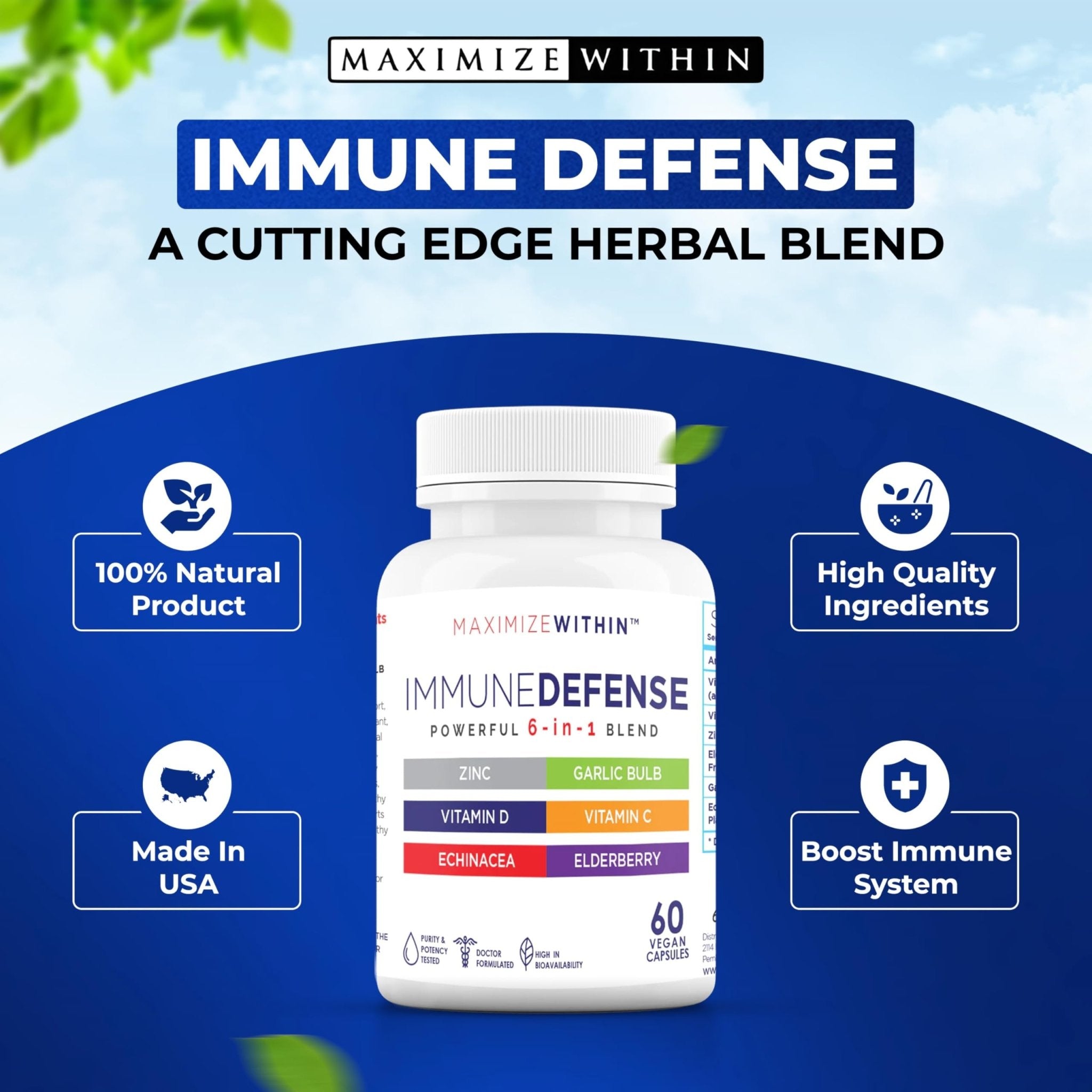 Maximum Slim Powerful 6-in-1 Immune Support Supplement with Zinc, Vitamin C, Elderberry, Vitamin D, Echinacea, & Garlic, 60 Count - TrustMedUSA