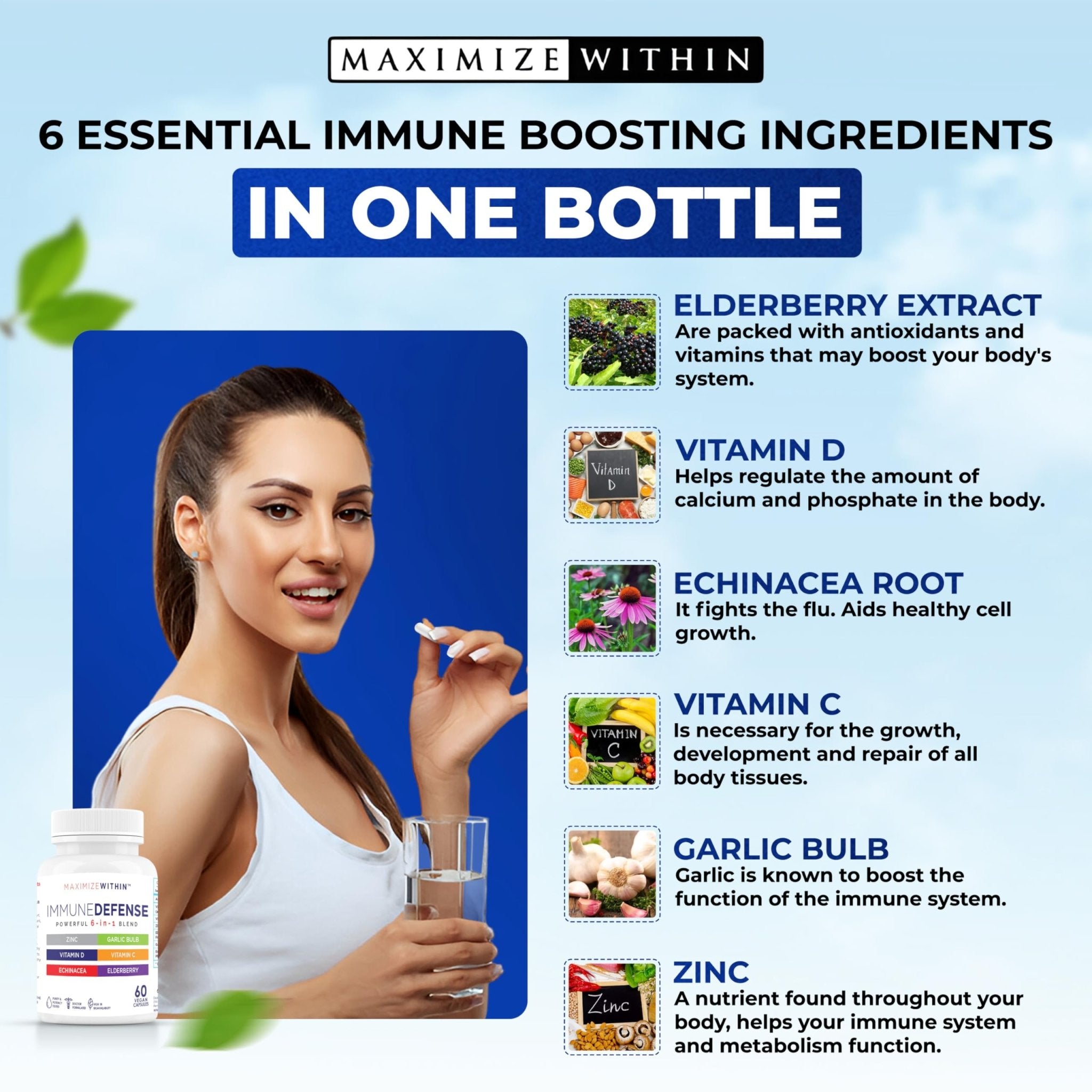 Maximum Slim Powerful 6-in-1 Immune Support Supplement with Zinc, Vitamin C, Elderberry, Vitamin D, Echinacea, & Garlic, 60 Count - TrustMedUSA