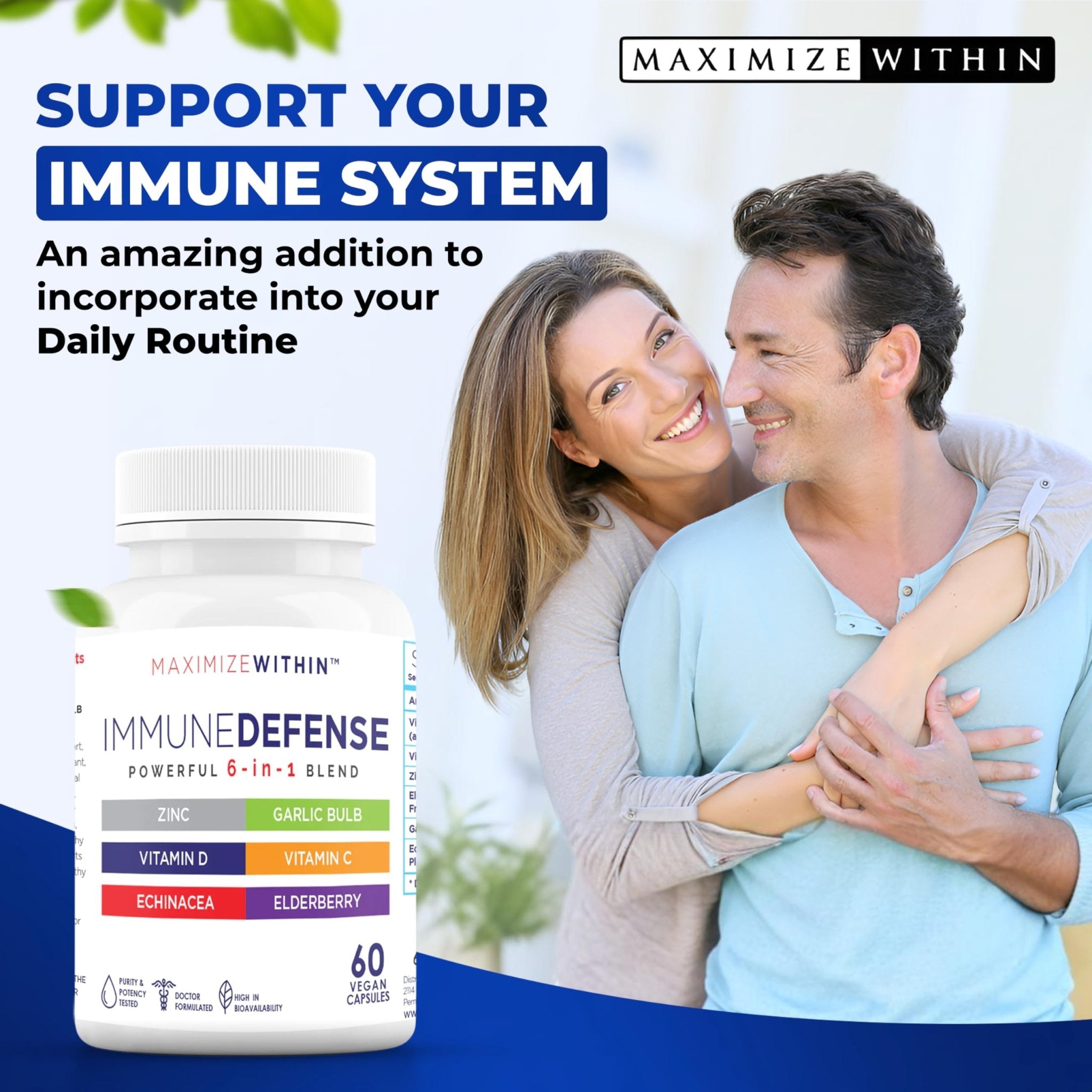 Maximum Slim Powerful 6-in-1 Immune Support Supplement with Zinc, Vitamin C, Elderberry, Vitamin D, Echinacea, & Garlic, 60 Count - TrustMedUSA
