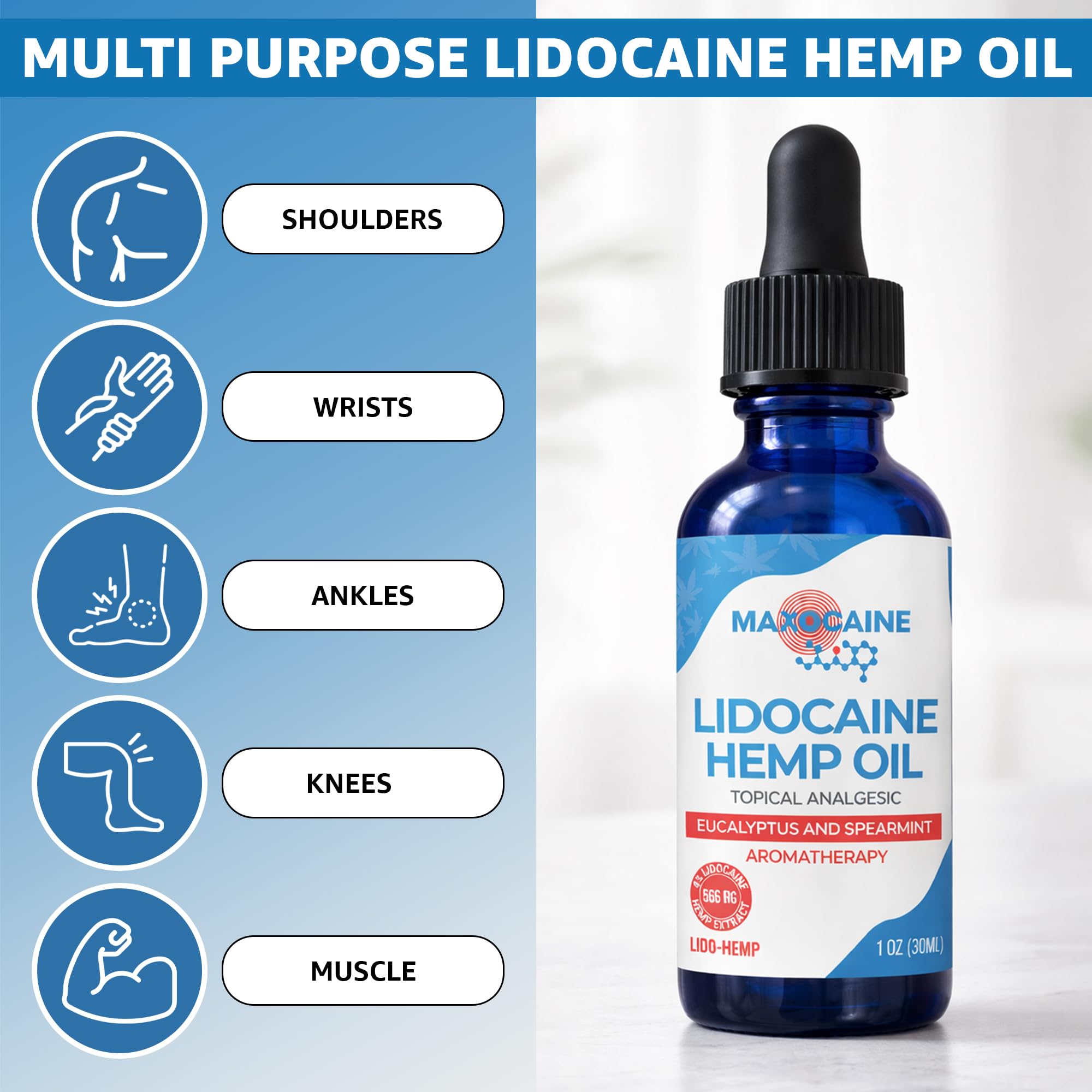 MAXOCAINE Lidocaine Hemp Oil 4% - Maximum Strength Topical Pain Relief, Fast Acting Soothing Oil for Muscle, Joint, Back & Arthritis Support, Cooling Eucalyptus & Spearmint, 1 oz (30 ml) - TrustMedUSA