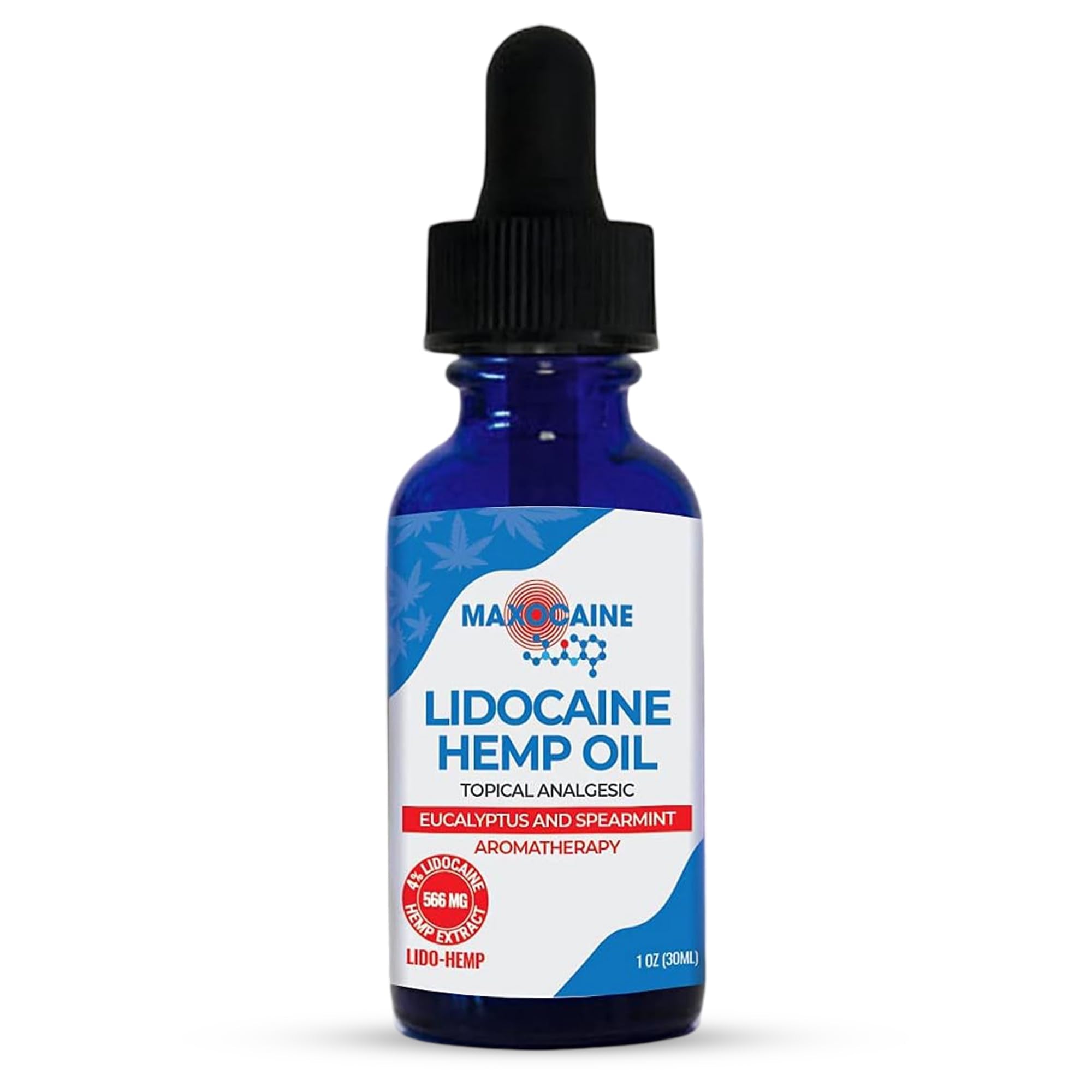 MAXOCAINE Lidocaine Hemp Oil 4% - Maximum Strength Topical Pain Relief, Fast Acting Soothing Oil for Muscle, Joint, Back & Arthritis Support, Cooling Eucalyptus & Spearmint, 1 oz (30 ml) - TrustMedUSA