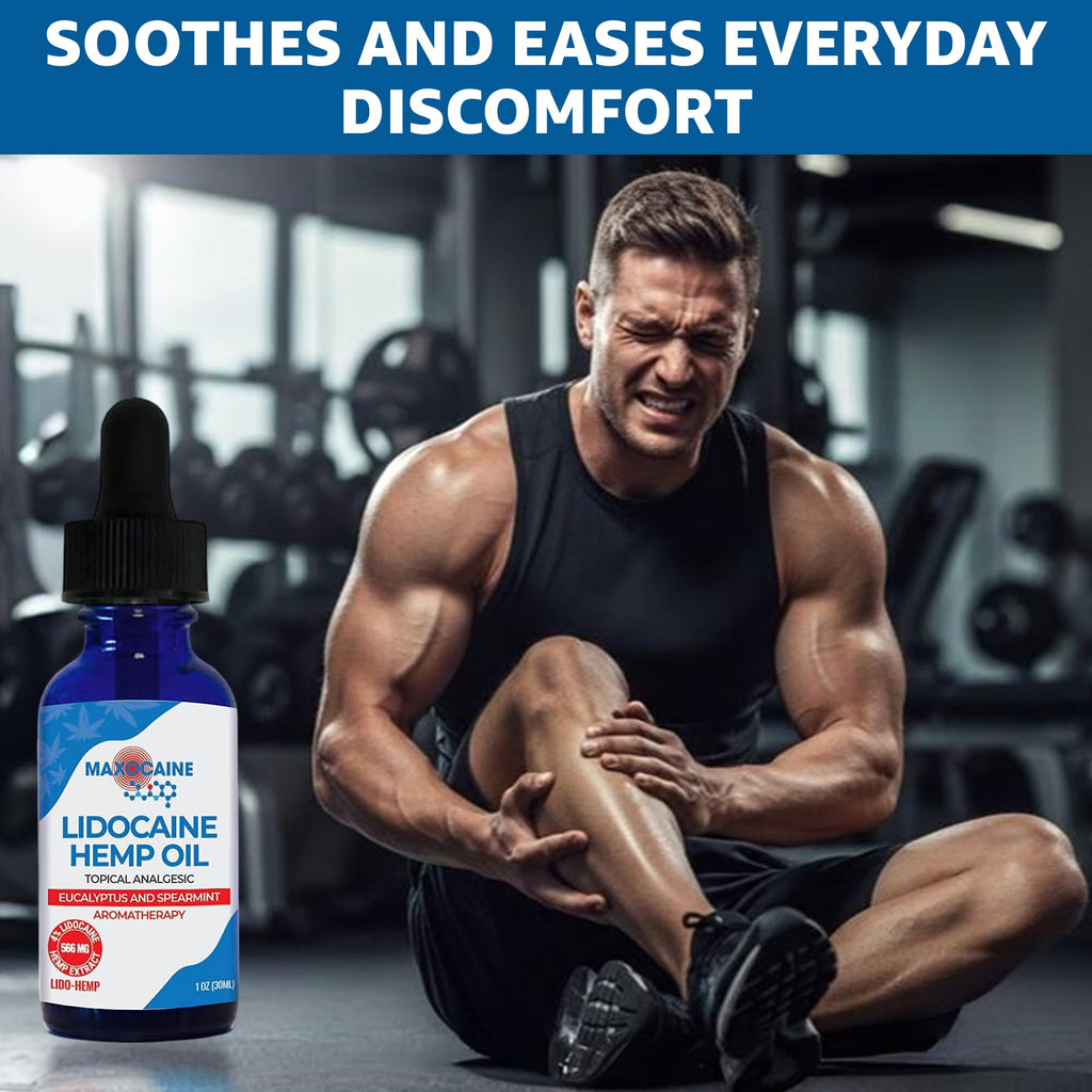 MAXOCAINE Lidocaine Hemp Oil 4% - Maximum Strength Topical Pain Relief, Fast Acting Soothing Oil for Muscle, Joint, Back & Arthritis Support, Cooling Eucalyptus & Spearmint, 1 oz (30 ml) - TrustMedUSA
