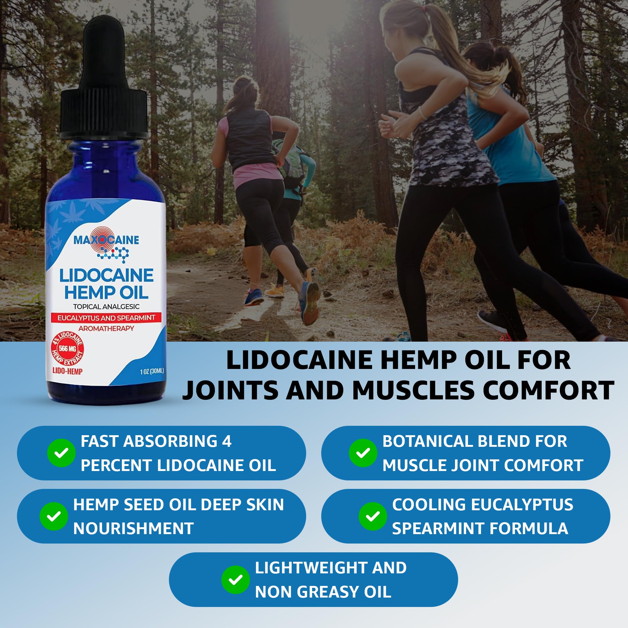 MAXOCAINE Lidocaine Hemp Oil 4% - Maximum Strength Topical Pain Relief, Fast Acting Soothing Oil for Muscle, Joint, Back & Arthritis Support, Cooling Eucalyptus & Spearmint, 1 oz (30 ml) - TrustMedUSA