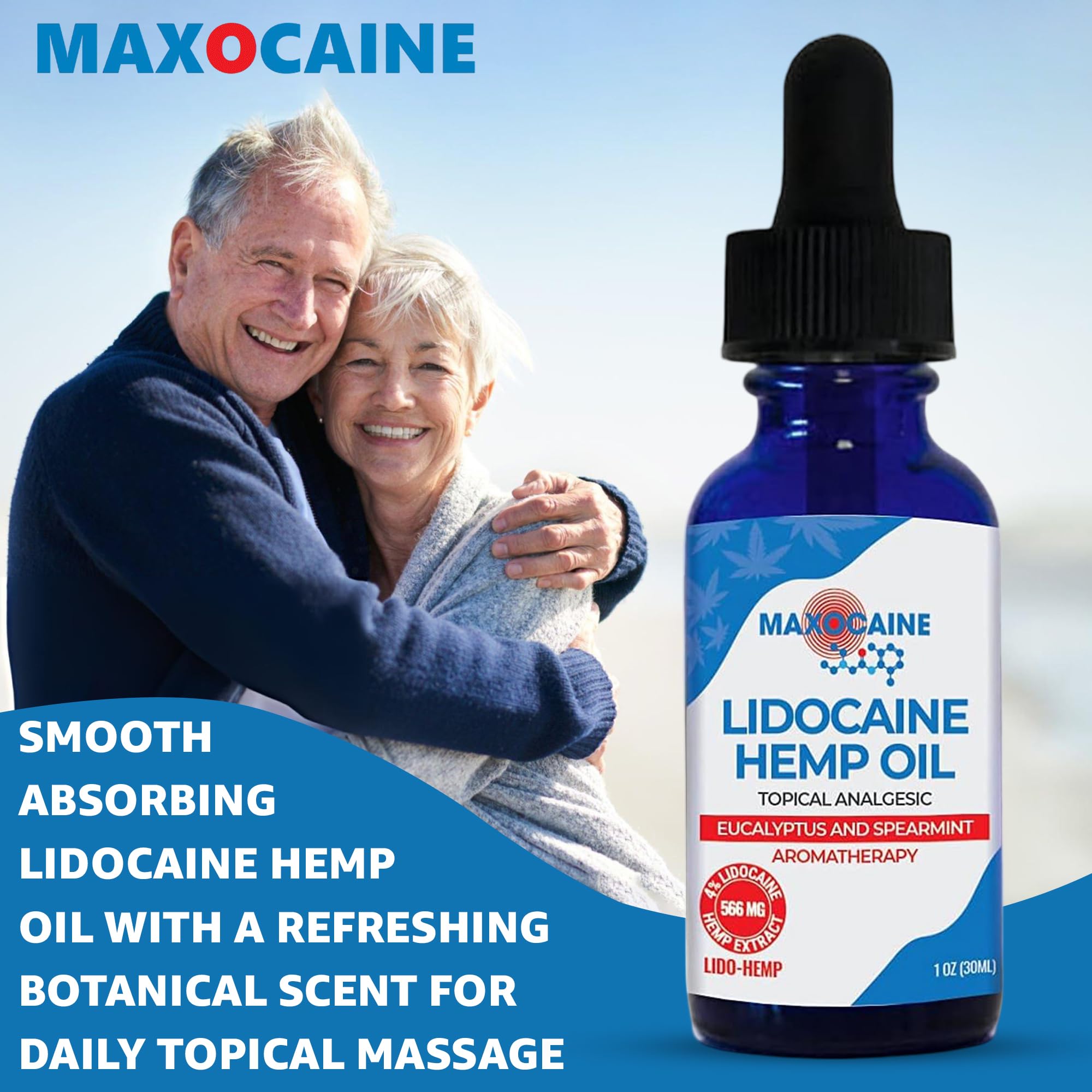 MAXOCAINE Lidocaine Hemp Oil 4% - Maximum Strength Topical Pain Relief, Fast Acting Soothing Oil for Muscle, Joint, Back & Arthritis Support, Cooling Eucalyptus & Spearmint, 1 oz (30 ml) - TrustMedUSA