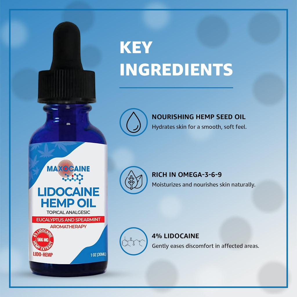 MAXOCAINE Lidocaine Hemp Oil 4% - Maximum Strength Topical Pain Relief, Fast Acting Soothing Oil for Muscle, Joint, Back & Arthritis Support, Cooling Eucalyptus & Spearmint, 1 oz (30 ml) - TrustMedUSA