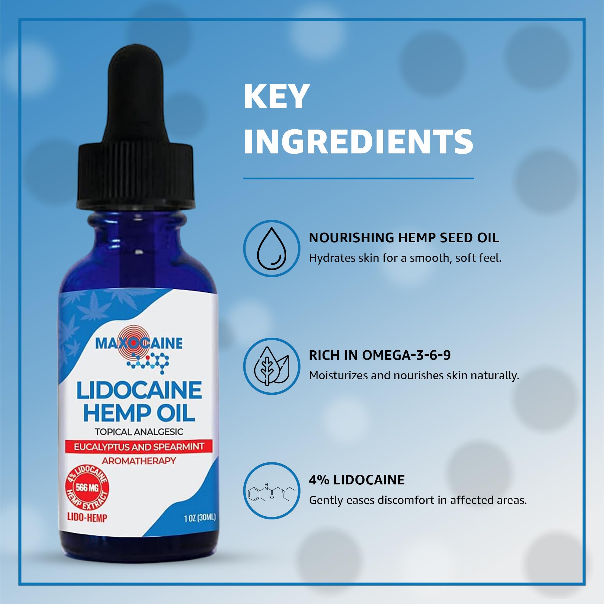 MAXOCAINE Lidocaine Hemp Oil 4% - Maximum Strength Topical Pain Relief, Fast Acting Soothing Oil for Muscle, Joint, Back & Arthritis Support, Cooling Eucalyptus & Spearmint, 1 oz (30 ml) - TrustMedUSA
