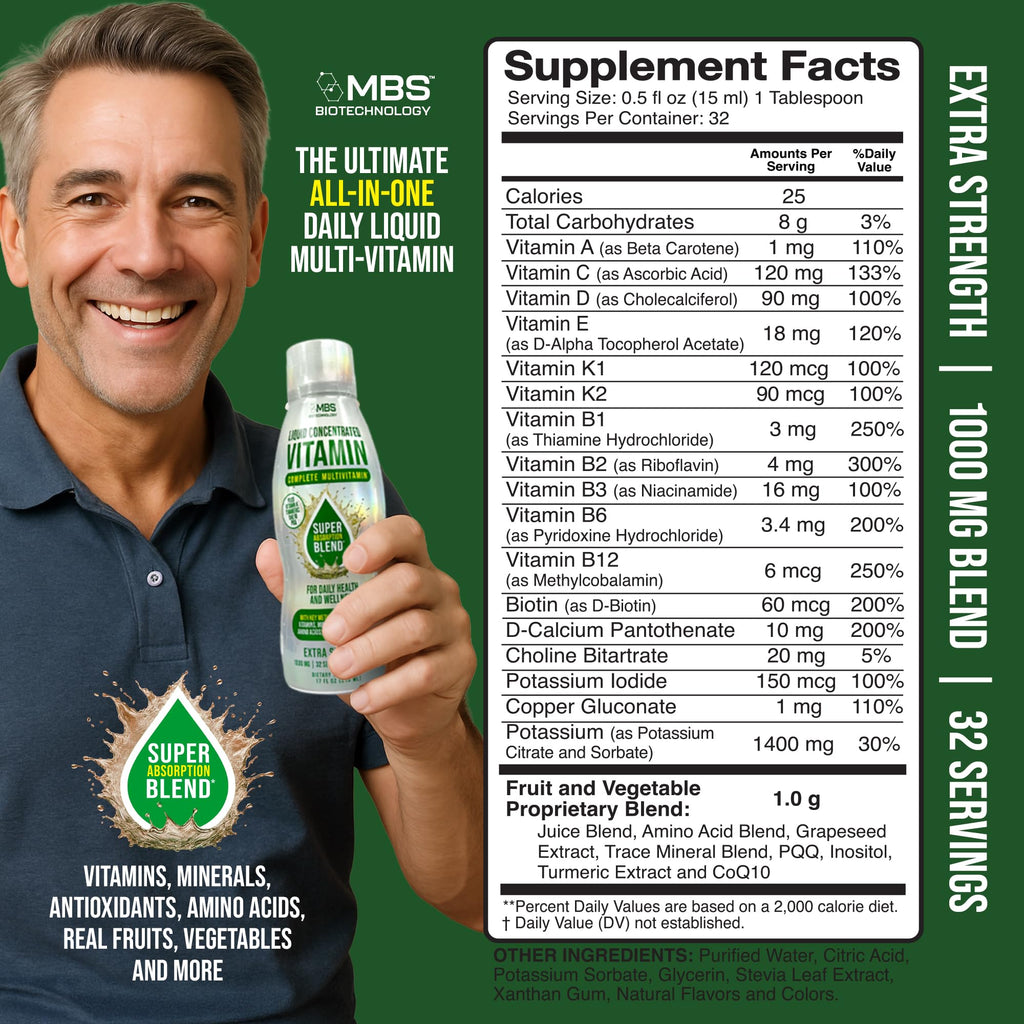 MBS Biotechnology Liquid Multivitamin for Adults – Complete High-Absorption Daily Vitamin with Superfoods, CoQ10, B-Complex, Turmeric & PQQ – Immune & Energy Support – Berry Flavor, 17 oz - TrustMedUSA