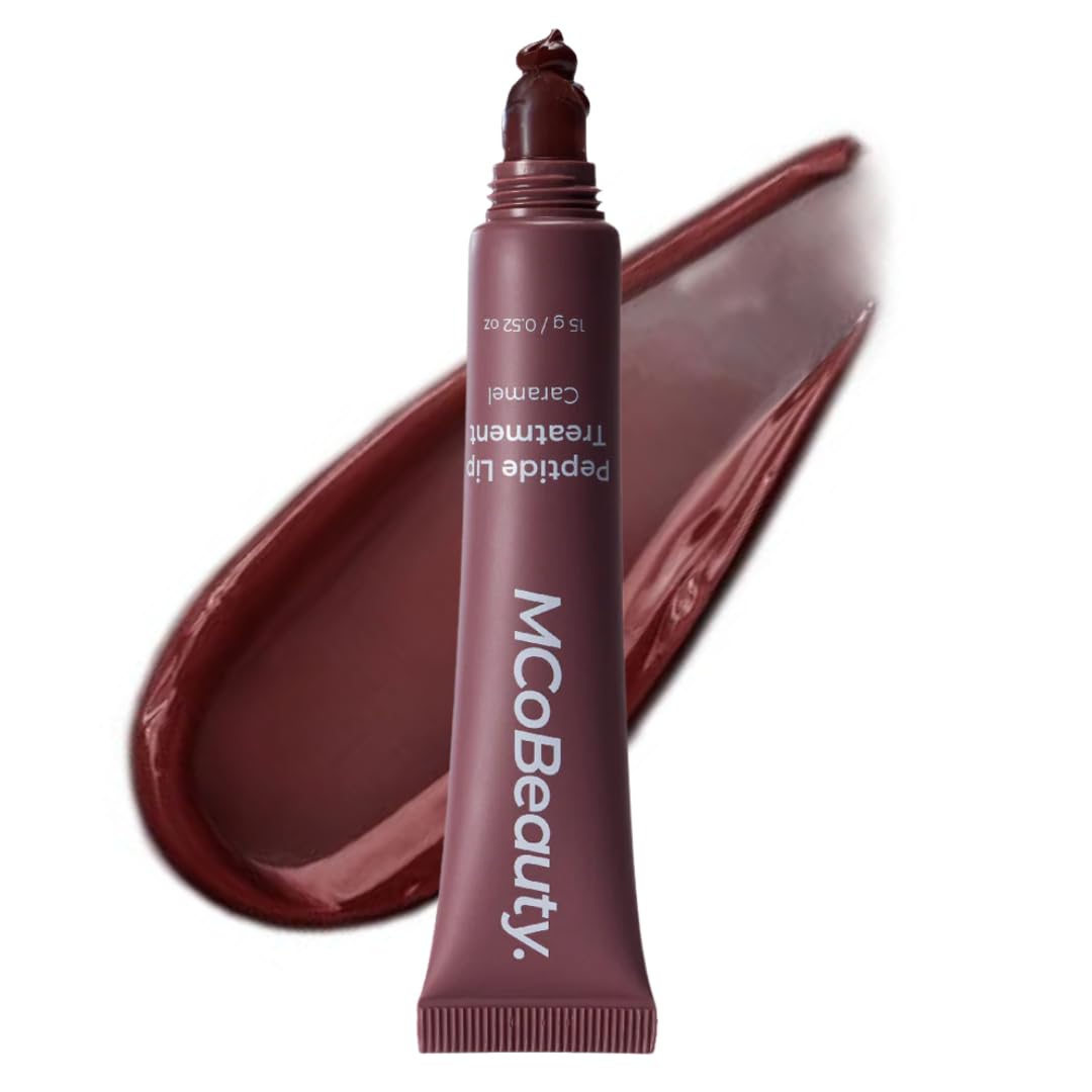 MCoBeauty Peptide Lip Treatment Caramel - Nude Brown Tinted Lip Balm Plumper Gloss for Women - Hydrating Lip Oil with Shea Butter, Peptides for Soft Plump Lips - Vegan Cruelty Free Lip Care - TrustMedUSA