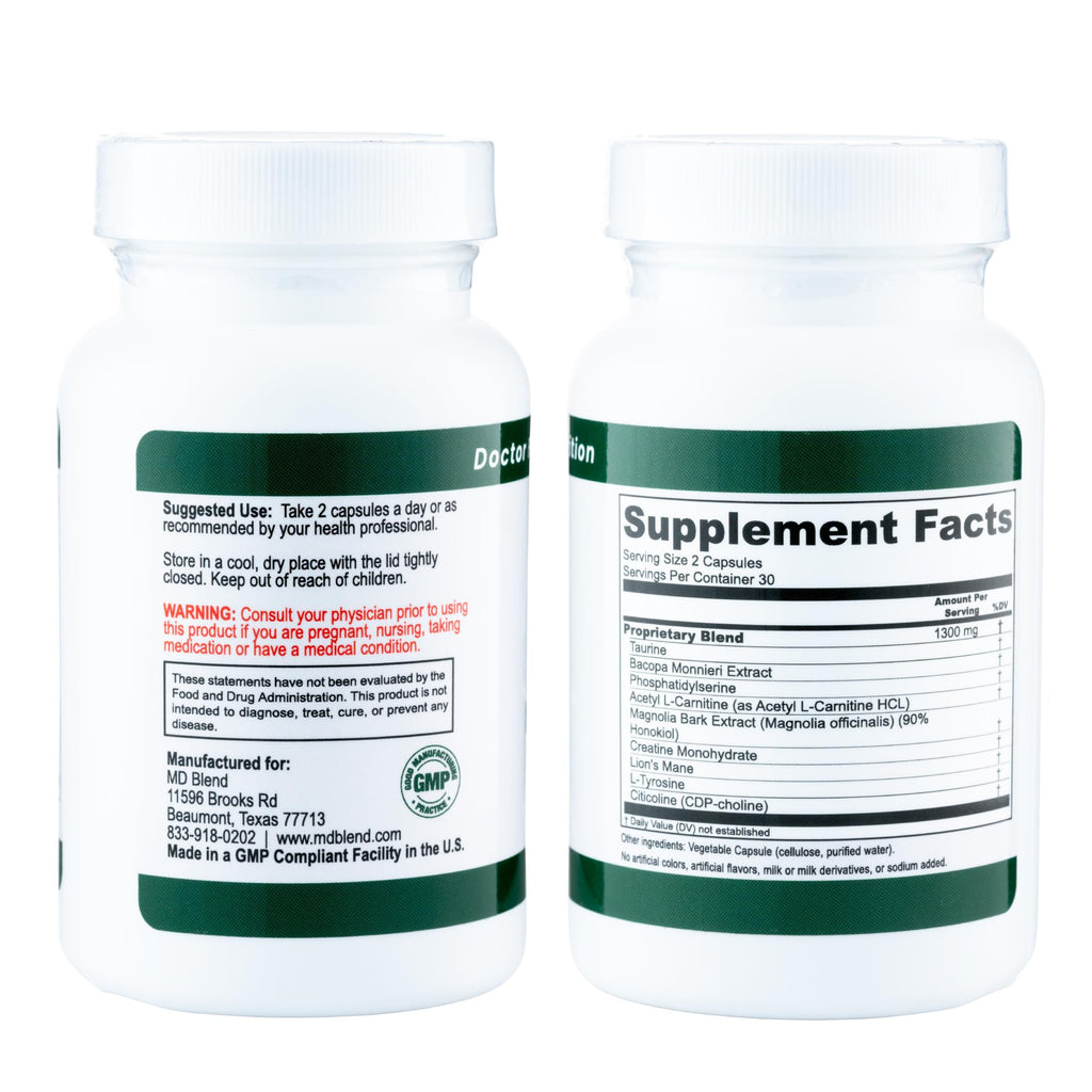 M.D. Blend Brain Support for Memory and Focus - Brain Supplement for Memory & Neural Function - Premium L-Tyrosine, Phosphatidylserine, Bacopa Monnieri Focus Supplement, 30 Capsules (Pack of 1) - TrustMedUSA