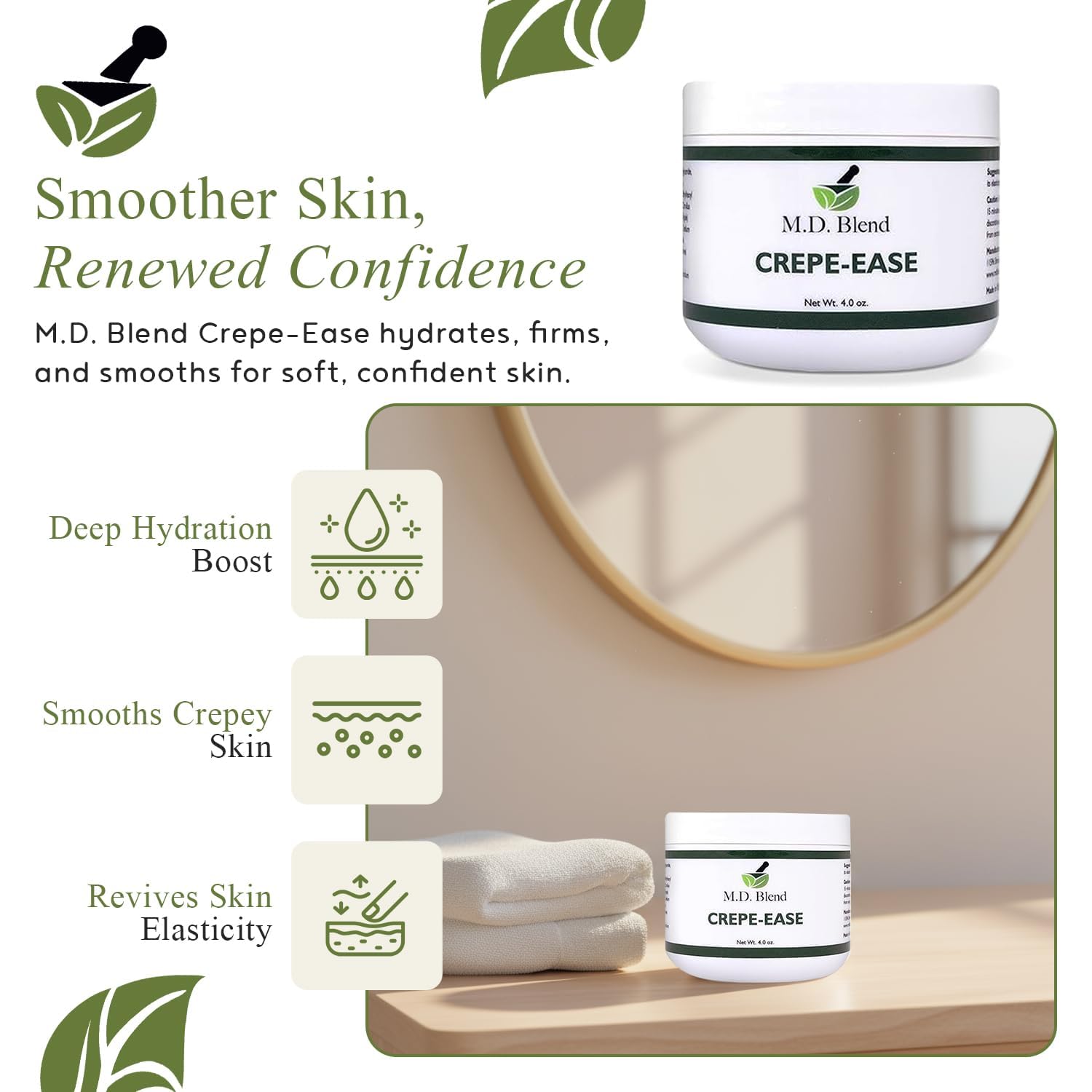 M.D. Blend Crepe-Ease Body Moisturizer Anti Aging Retinol Cream Firming, Smoothing & Hydrating Cream for Crepey Skin on Neck, Arms & Legs Crepe Skin Repair, Advanced Crepe Fix, 4 oz - Maple Wellness Supplements