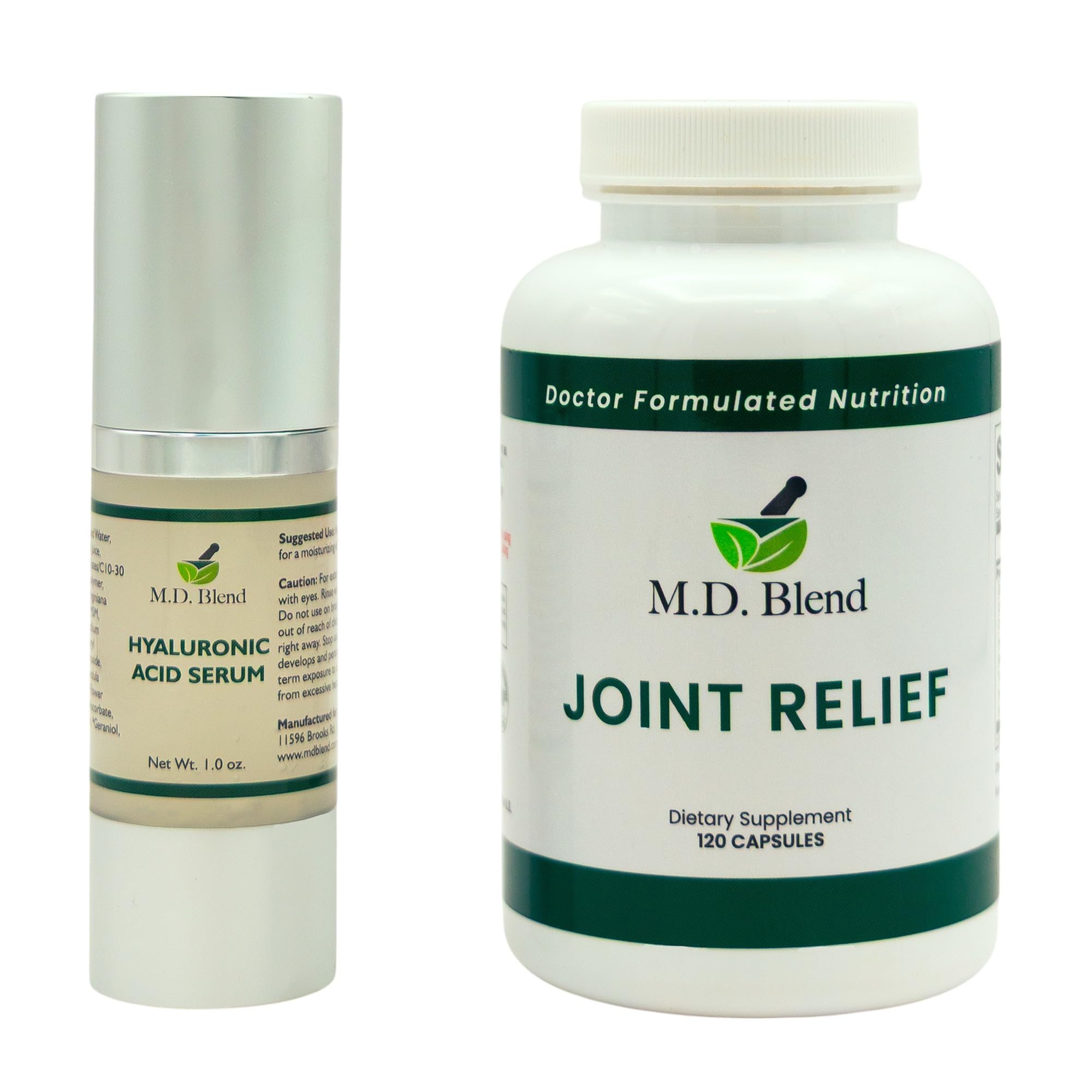 M.D. Blend Wellness Bundle with joint health supplement (120 capsules) & lightweight face hydrating hyaluronic acid serum (30 ml) featuring an airless pump, daily wellness skincare + joint support duo - TrustMedUSA