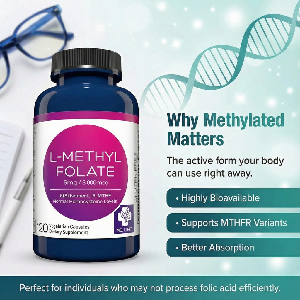 MD Life L-Methylfolate 5 mg Supplement - Professional-Grade Active L Methylfolate Supplement - 120 Capsules - L-Methylfolate 5mg - Maximum Potency MTHFR W/Essential Amino Acids - TrustMedUSA