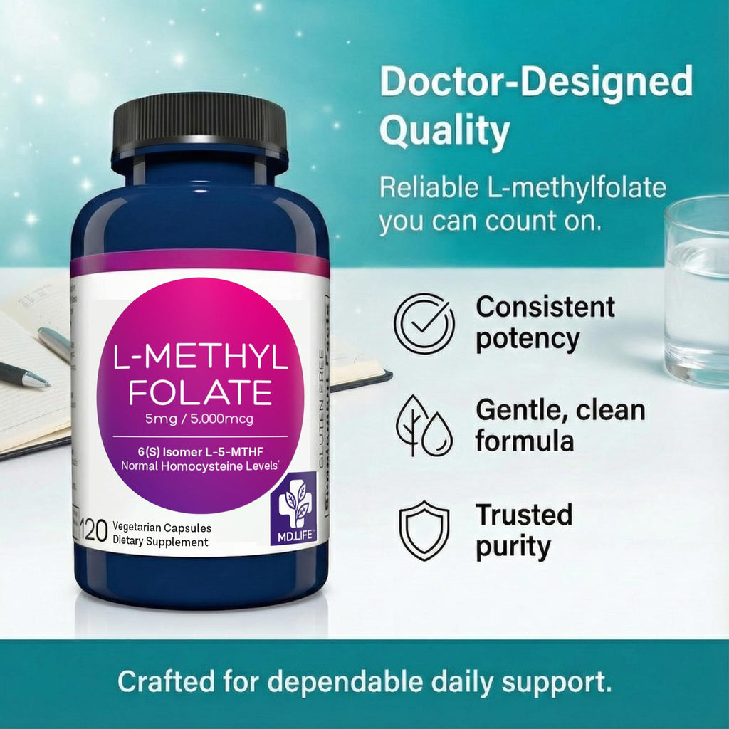 MD Life L-Methylfolate 5 mg Supplement - Professional-Grade Active L Methylfolate Supplement - 120 Capsules - L-Methylfolate 5mg - Maximum Potency MTHFR W/Essential Amino Acids - TrustMedUSA