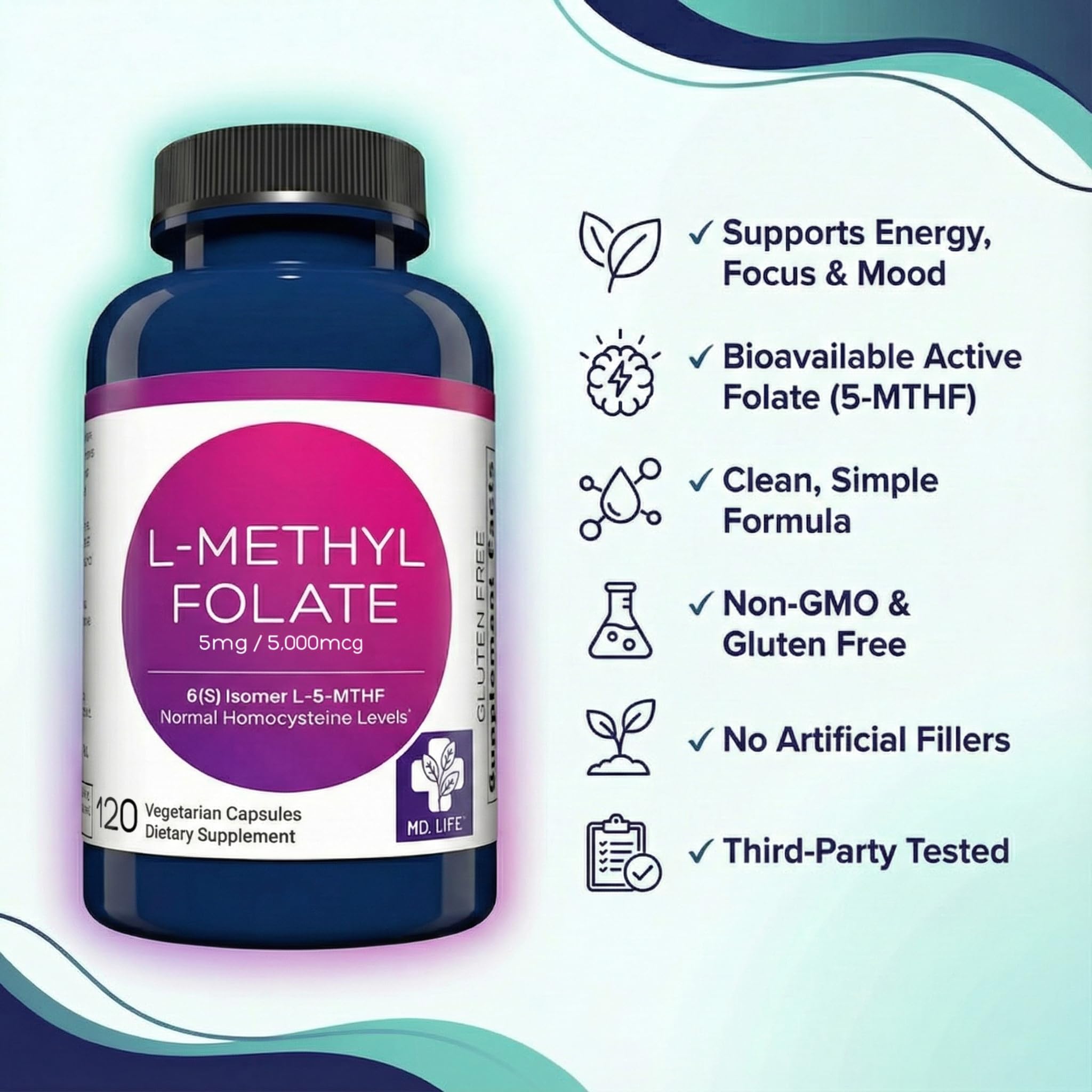 MD Life L-Methylfolate 5 mg Supplement - Professional-Grade Active L Methylfolate Supplement - 120 Capsules - L-Methylfolate 5mg - Maximum Potency MTHFR W/Essential Amino Acids - TrustMedUSA