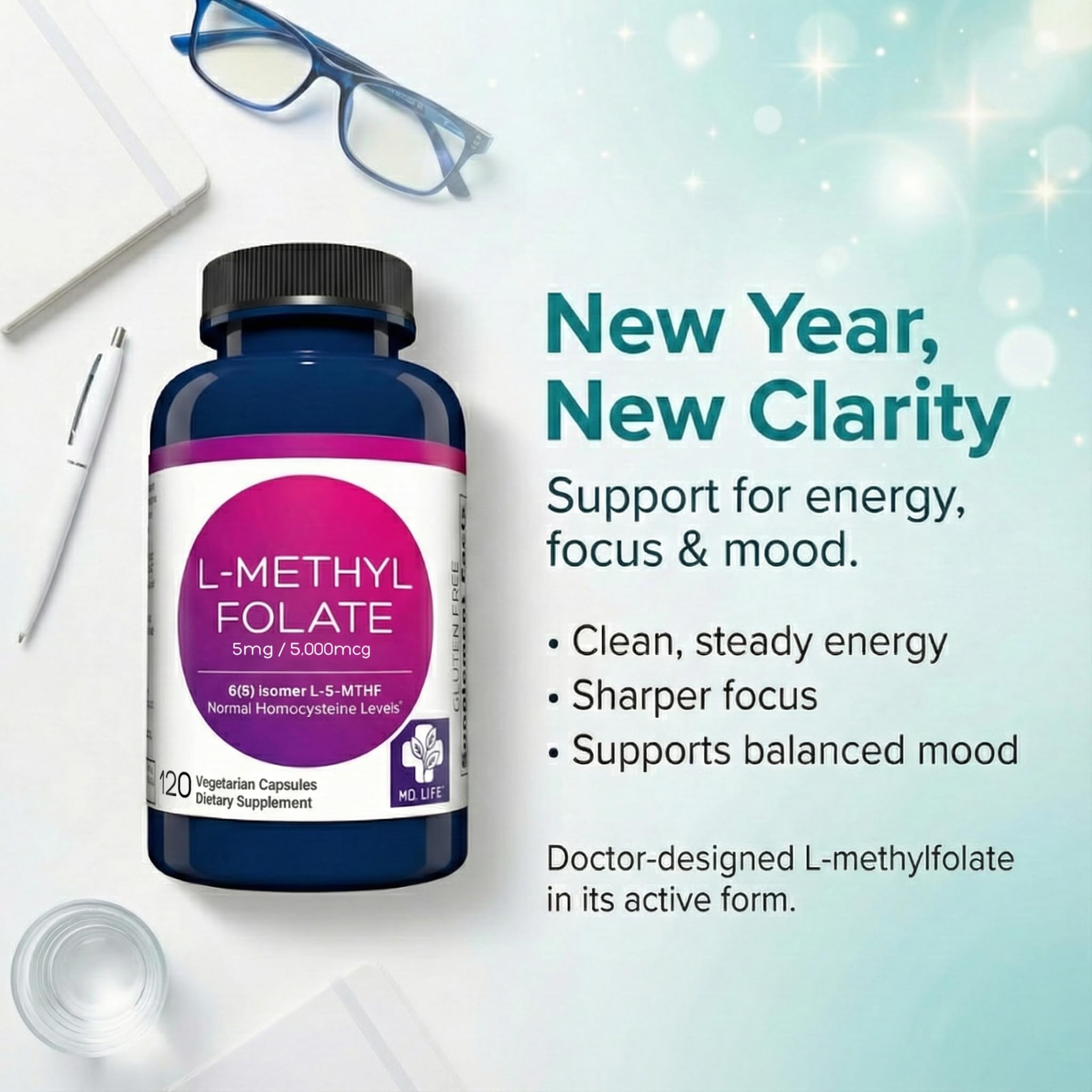 MD Life L-Methylfolate 5 mg Supplement - Professional-Grade Active L Methylfolate Supplement - 120 Capsules - L-Methylfolate 5mg - Maximum Potency MTHFR W/Essential Amino Acids - TrustMedUSA