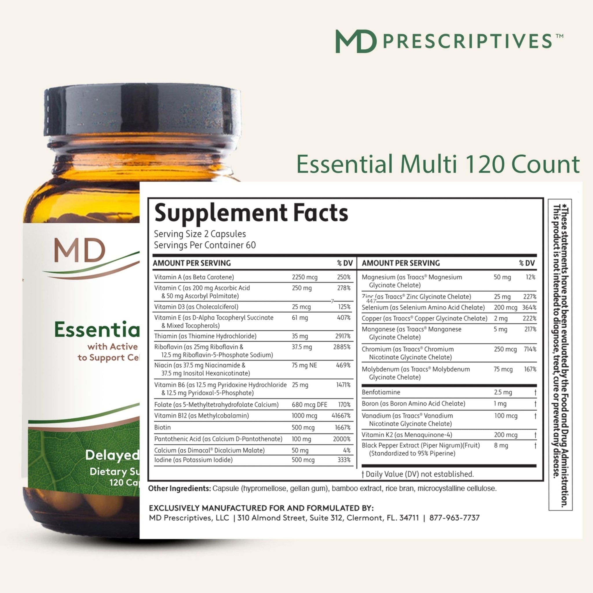 MD Prescriptives - Essential Multi (Delayed Release) - Multivitamin Mineral Complex Supplement for Enhanced Hormone Support - 120 Capsules - TrustMedUSA