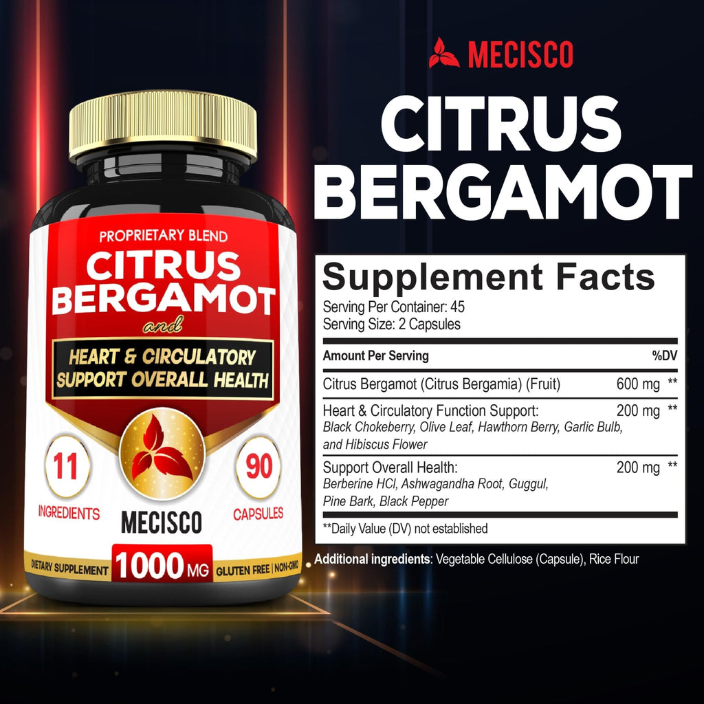 Mecisco 11 in 1 Citrus Bergamot Supplement 1000mg with Black Chokeberry, Berberine HCl & More - 90 Capsules - Supports Heart Health, Immune System, Energy Production - TrustMedUSA