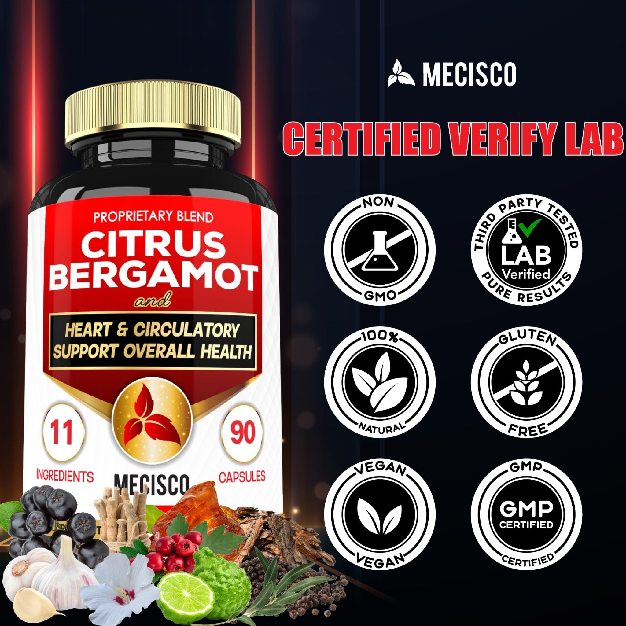 Mecisco 11 in 1 Citrus Bergamot Supplement 1000mg with Black Chokeberry, Berberine HCl & More - 90 Capsules - Supports Heart Health, Immune System, Energy Production - TrustMedUSA