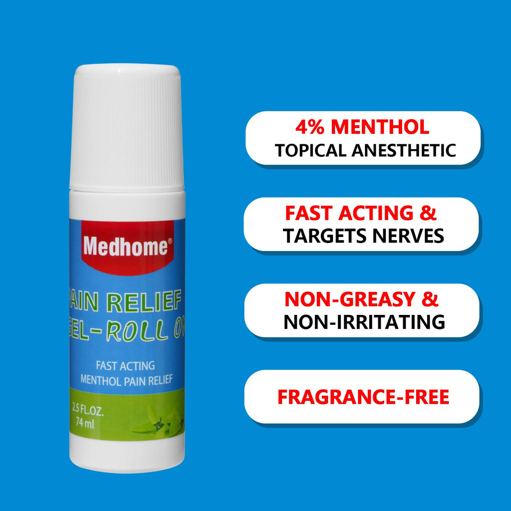 Medhome Pain Relief Roll On, Travel Size Pain Reliever, for Knee, Neck, Hip, Joint, Shoulder, Arthritis Pain Reliever, Fast Acting & Long Lasting Formula, Roll On Menthol Gel 2.5 oz (Pack of 1) - TrustMedUSA