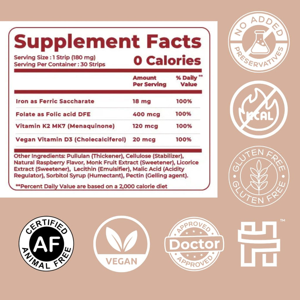 MedHugs NutriHugs Blood and Bone Support - Iron, Folate, Vitamin D3 and K2 - Fast-Dissolving Oral Thin Film Strips - Non-Constipating Iron - Vegan, Sugar-Free, Non-GMO - 30 Strips - TrustMedUSA