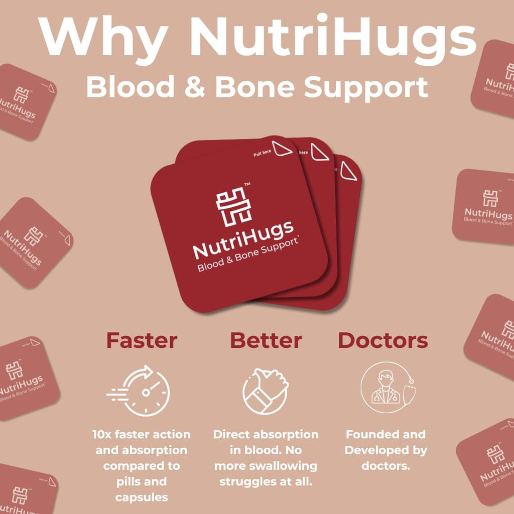 MedHugs NutriHugs Blood and Bone Support - Iron, Folate, Vitamin D3 and K2 - Fast-Dissolving Oral Thin Film Strips - Non-Constipating Iron - Vegan, Sugar-Free, Non-GMO - 30 Strips - TrustMedUSA