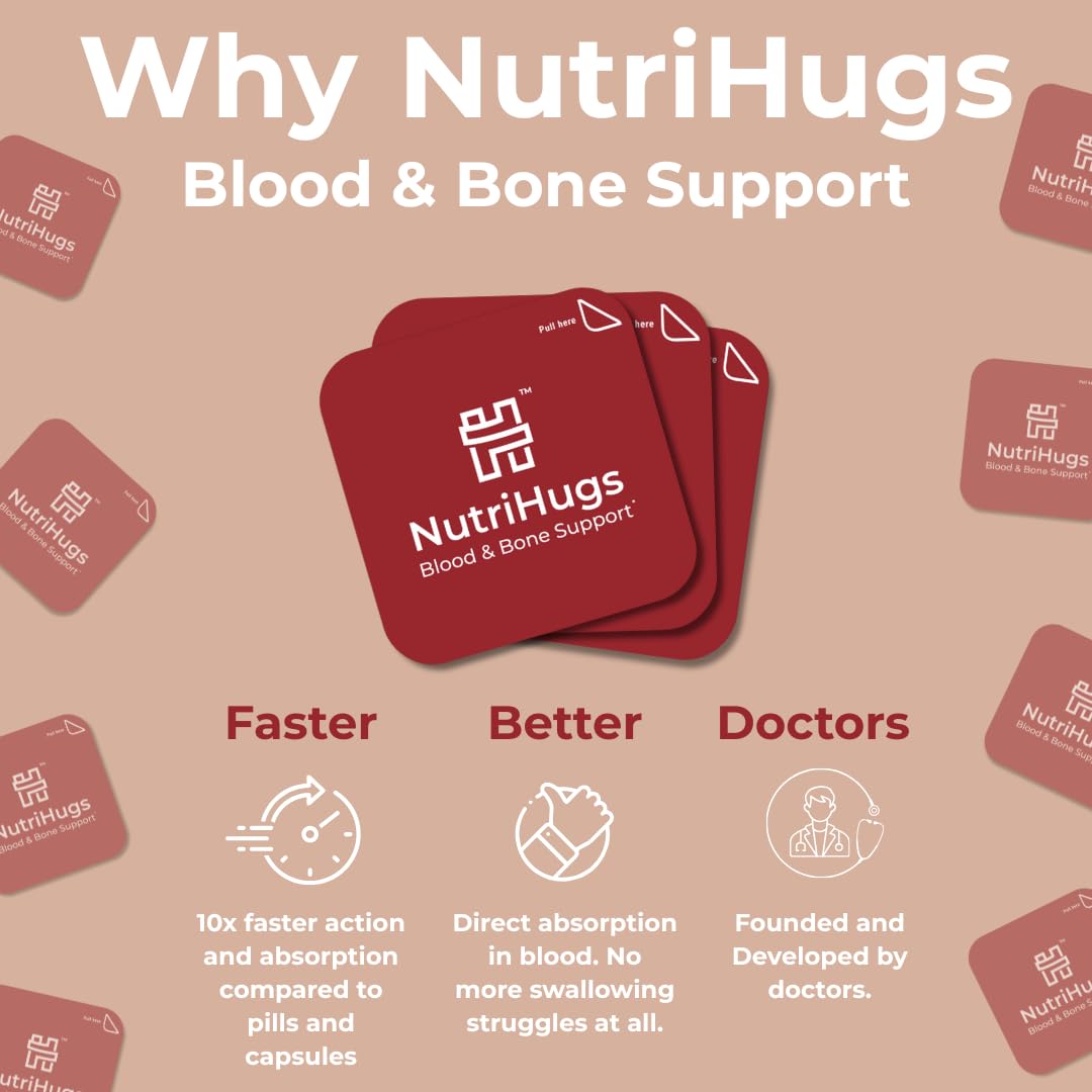 MedHugs NutriHugs Blood and Bone Support - Iron, Folate, Vitamin D3 and K2 - Fast-Dissolving Oral Thin Film Strips - Non-Constipating Iron - Vegan, Sugar-Free, Non-GMO - 30 Strips - TrustMedUSA