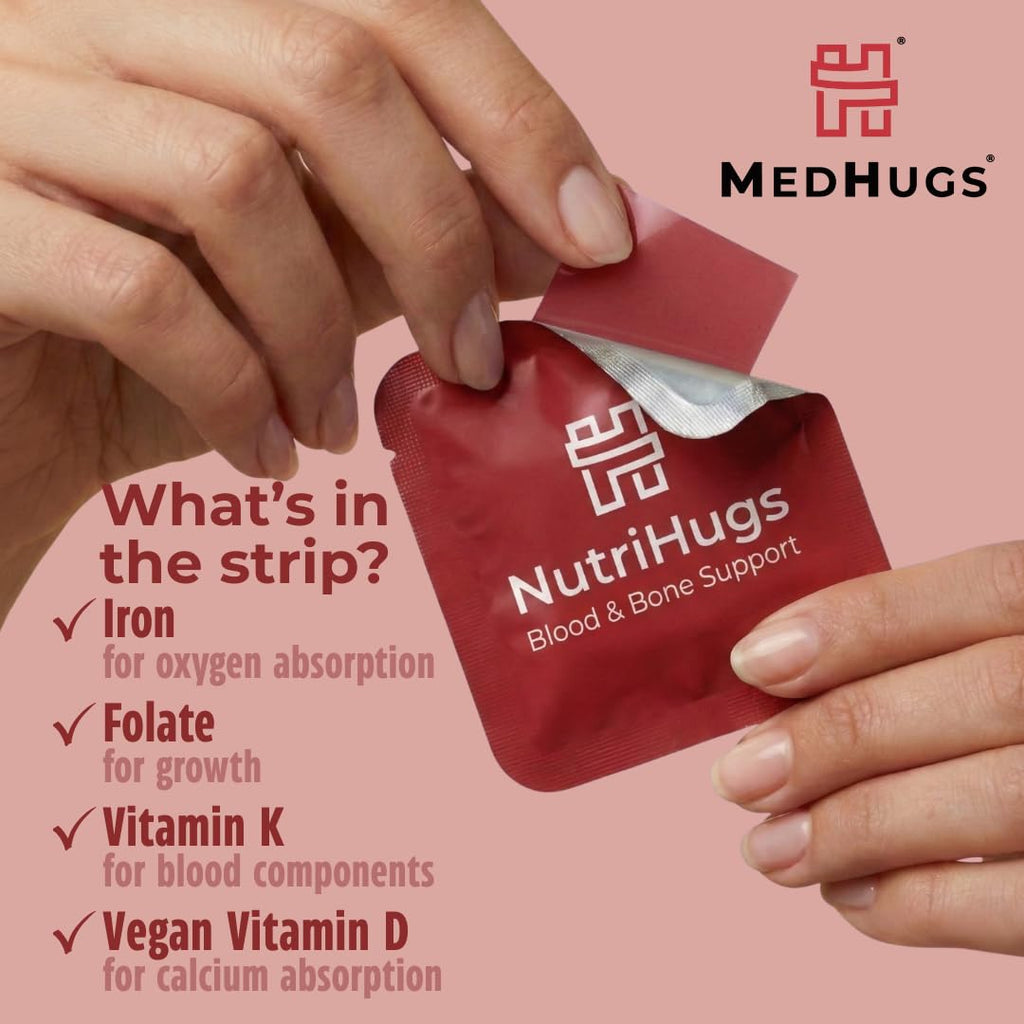 MedHugs NutriHugs Blood and Bone Support - Iron, Folate, Vitamin D3 and K2 - Fast-Dissolving Oral Thin Film Strips - Non-Constipating Iron - Vegan, Sugar-Free, Non-GMO - 30 Strips - TrustMedUSA