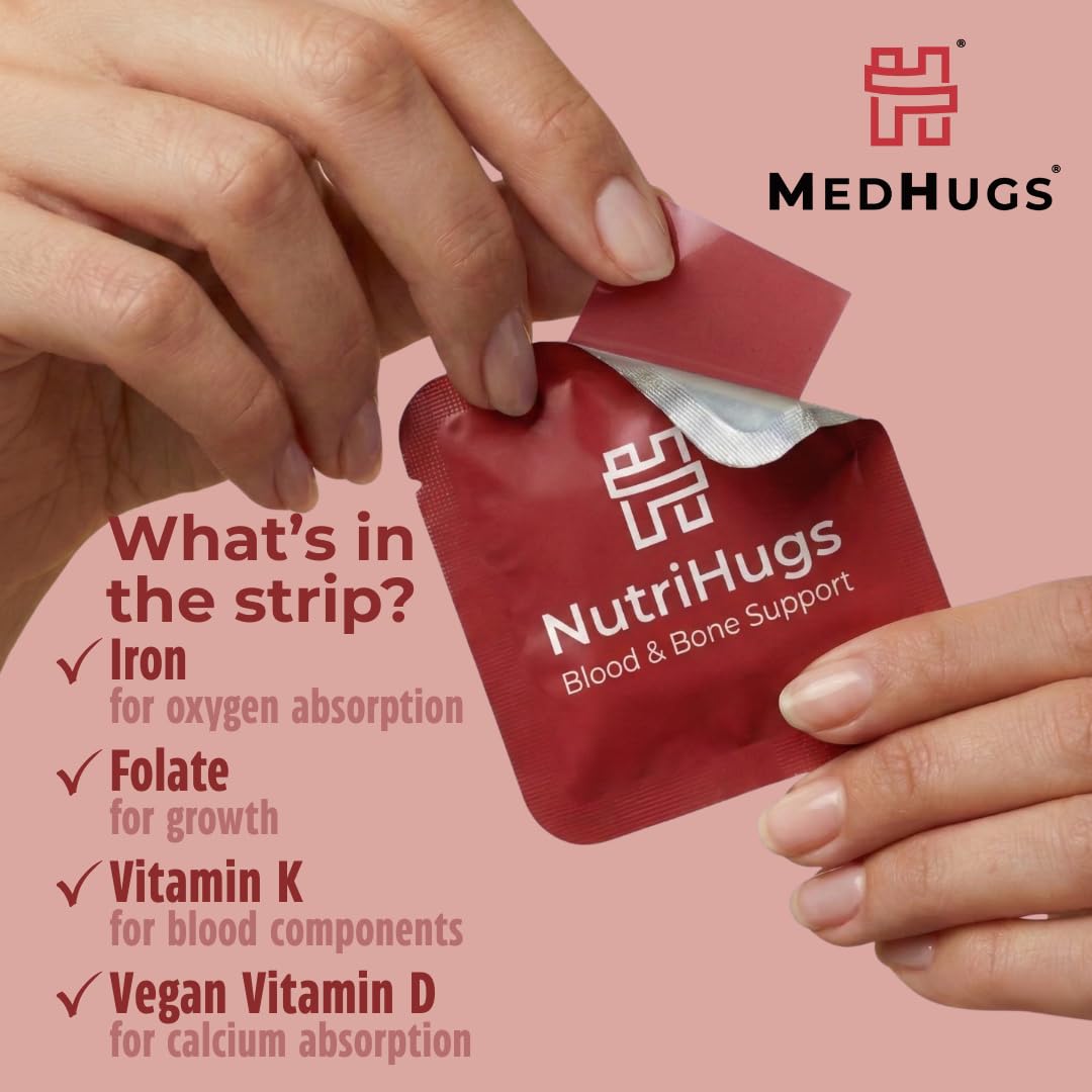 MedHugs NutriHugs Blood and Bone Support - Iron, Folate, Vitamin D3 and K2 - Fast-Dissolving Oral Thin Film Strips - Non-Constipating Iron - Vegan, Sugar-Free, Non-GMO - 30 Strips - TrustMedUSA
