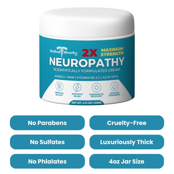 Medical Miracles Neuropathy Cream 2X Strength | Nerve Therapy Max Potency Relief for Feet, Hands, Legs, Toes - Arnica, Vitamin B6, Aloe Vera, MSM - Crafted for Exceptional Relief 4oz - TrustMedUSA