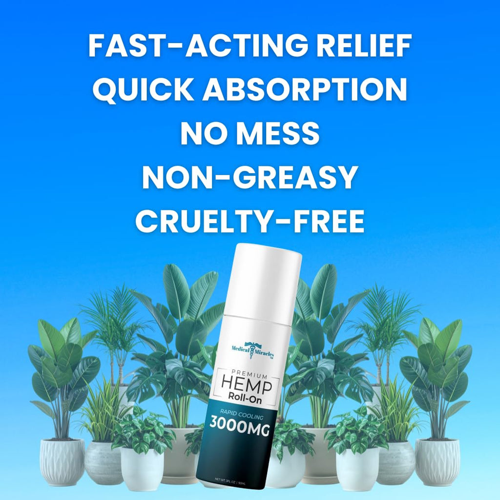 Medical Miracles New Hemp Oil Roll On - Ideal for Muscles, Hips, Joints, Neck, Back, Elbows, Fingers, Hands, and Knees (3000mg Roll-On) - TrustMedUSA