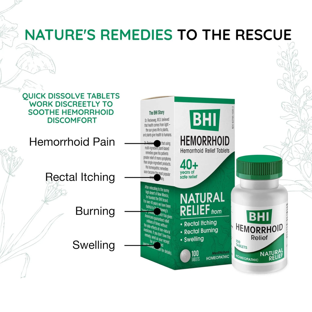 MediNatura BHI Hemorrhoid Relief - Natural Hemorrhoid Treatment for Relieving Rectal Itching - Daily Support - Chewable & Easy-to-Use Tablets - Plant-Based - 100 Count - TrustMedUSA