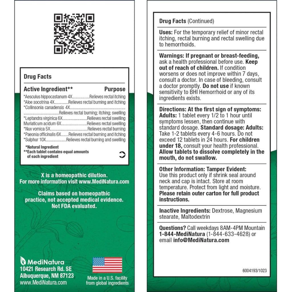 MediNatura BHI Hemorrhoid Relief - Natural Hemorrhoid Treatment for Relieving Rectal Itching - Daily Support - Chewable & Easy-to-Use Tablets - Plant-Based - 100 Count - TrustMedUSA